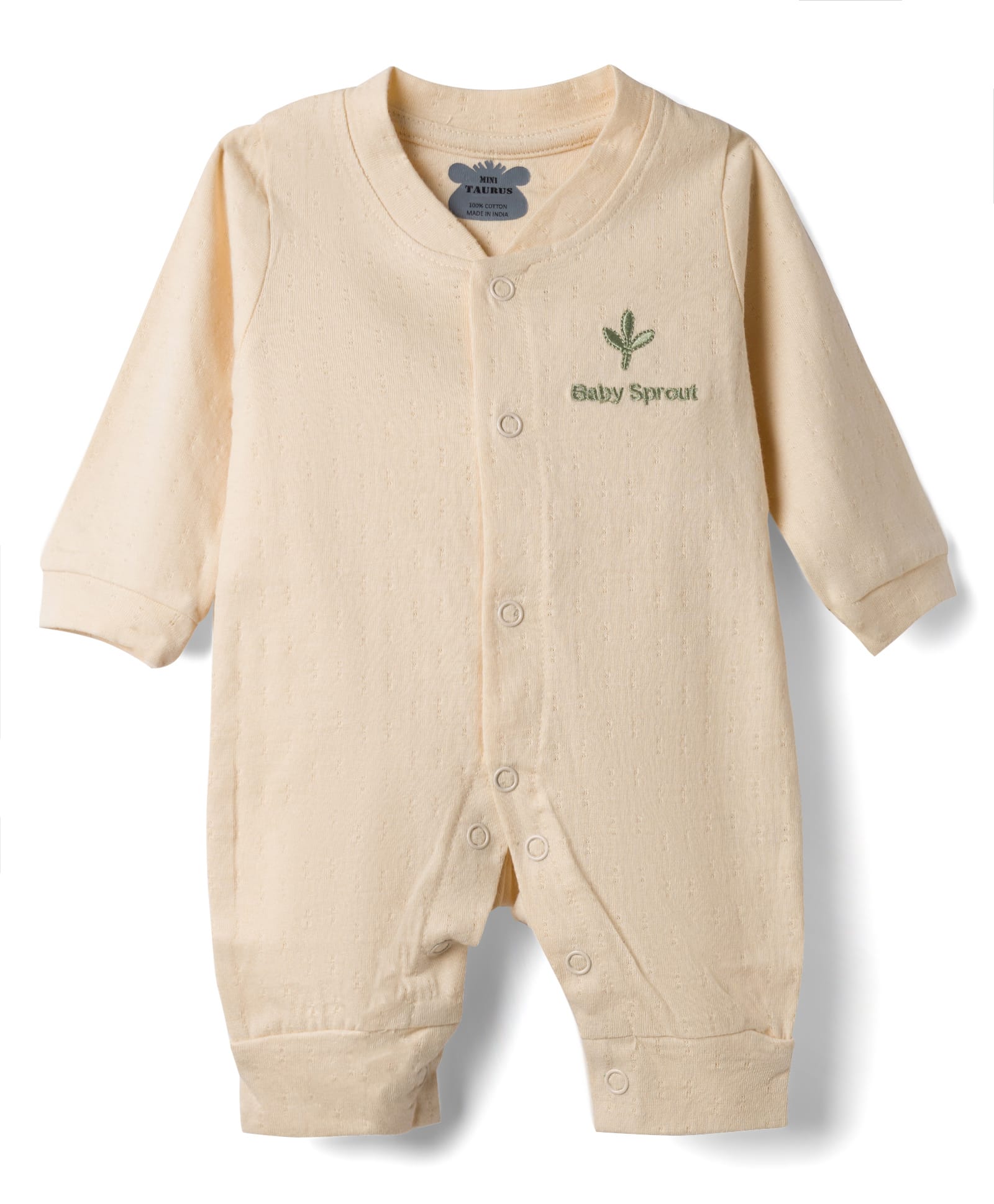 Mini Taurus 100% Cotton Knit Full Sleeves Laef Embroidered Sleepsuit - Cream-picture-36