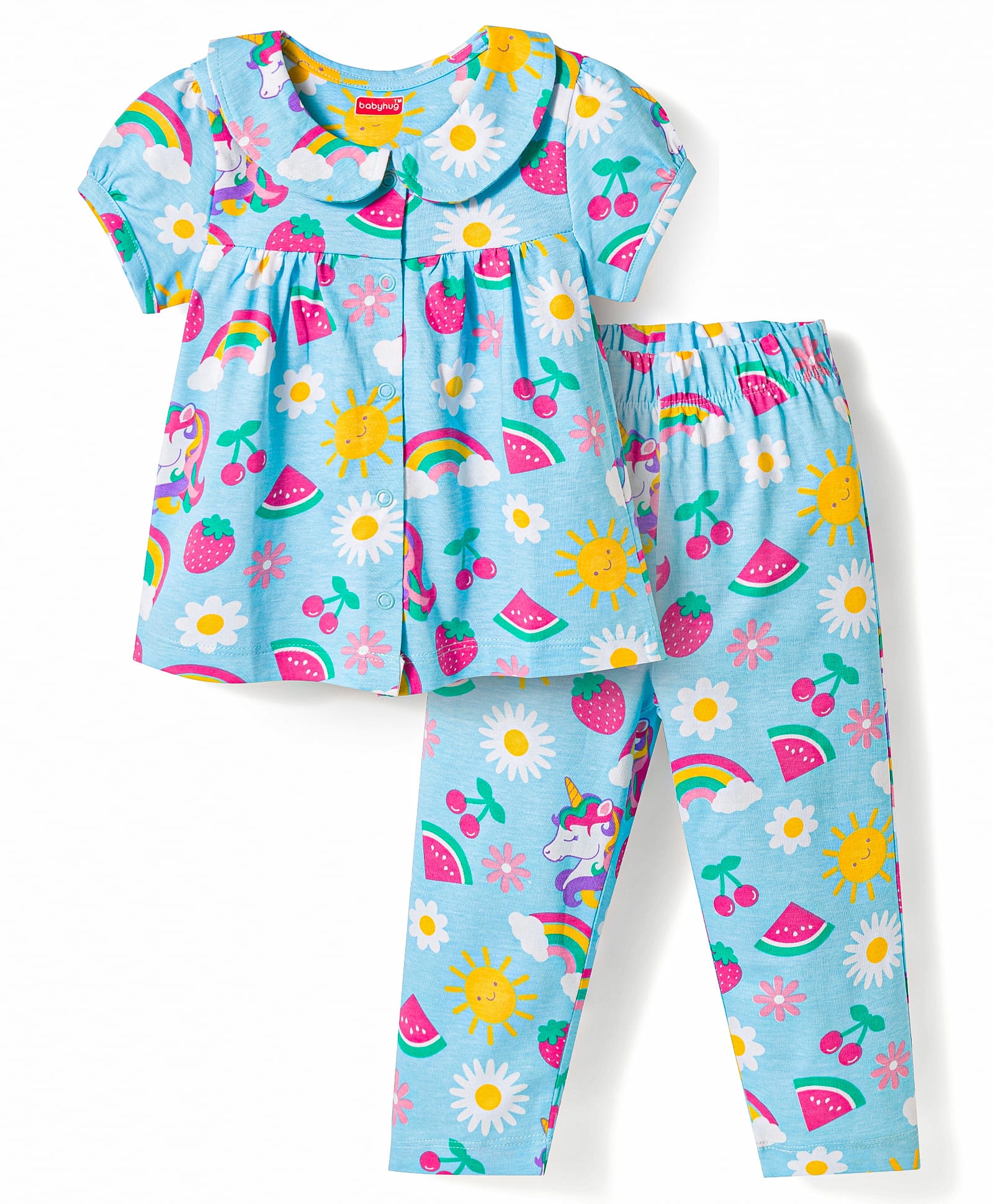 Babyhug Cotton Knit Half Sleeves Top & Pyjama Night Suit With Tropical Print - Blue-image-41