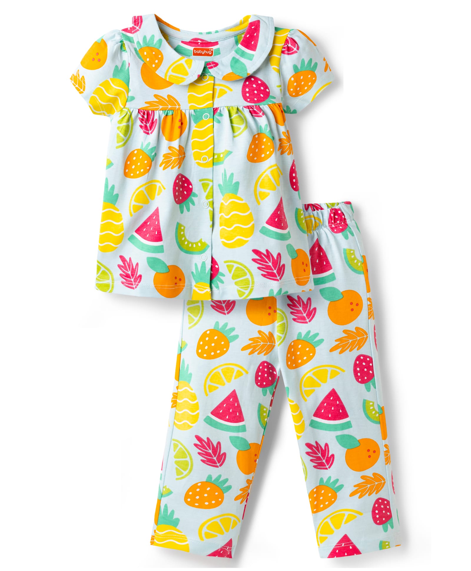 Babyhug Cotton Knit Half Sleeves Tropical Theme Printed Co-Ords Top & Pyjama Night Suit - Light Blue-image-36