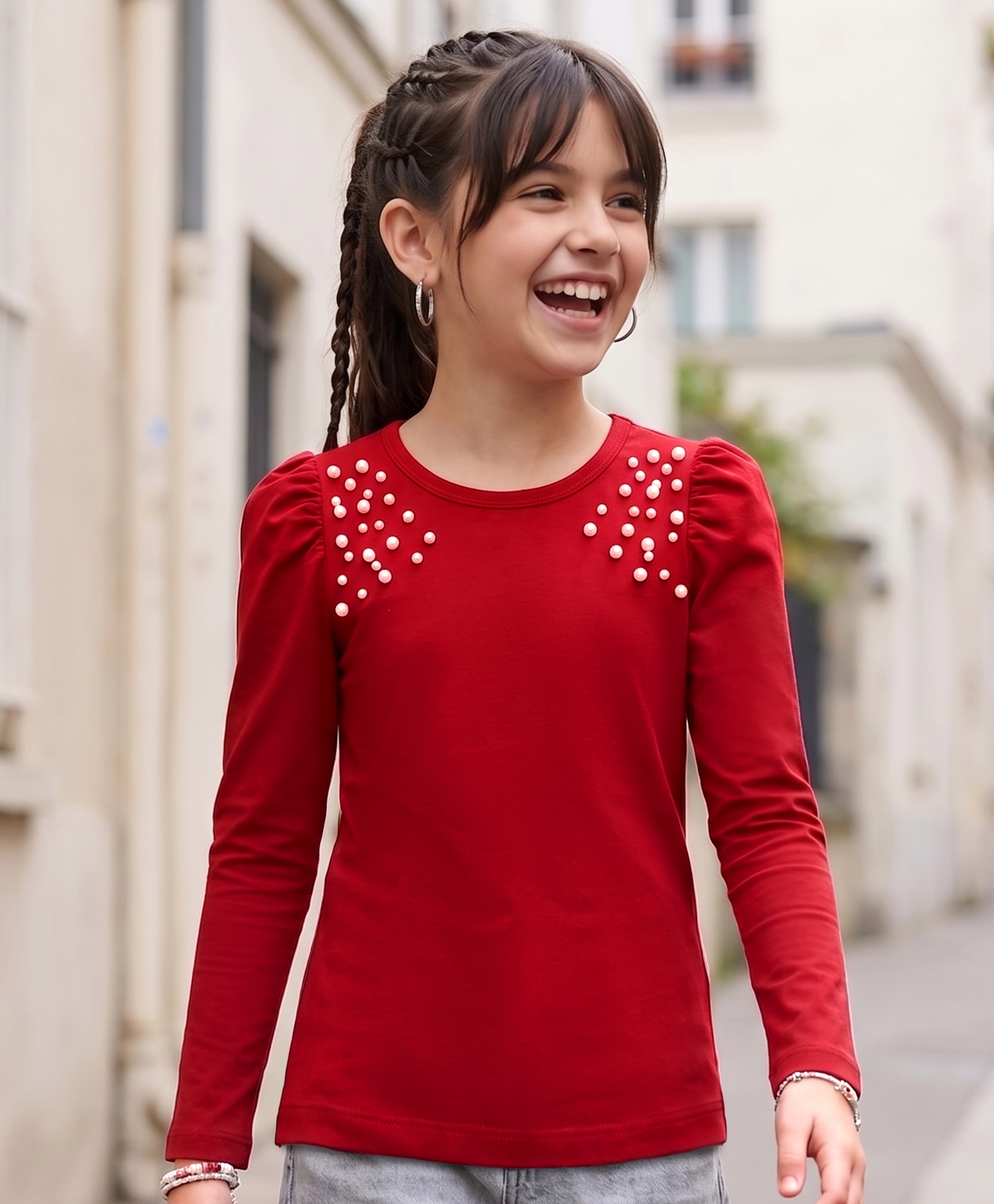 Pine Kids Cotton Lycra Knit Full Sleeves Top With Pearl Embellishment - Red-picture-25