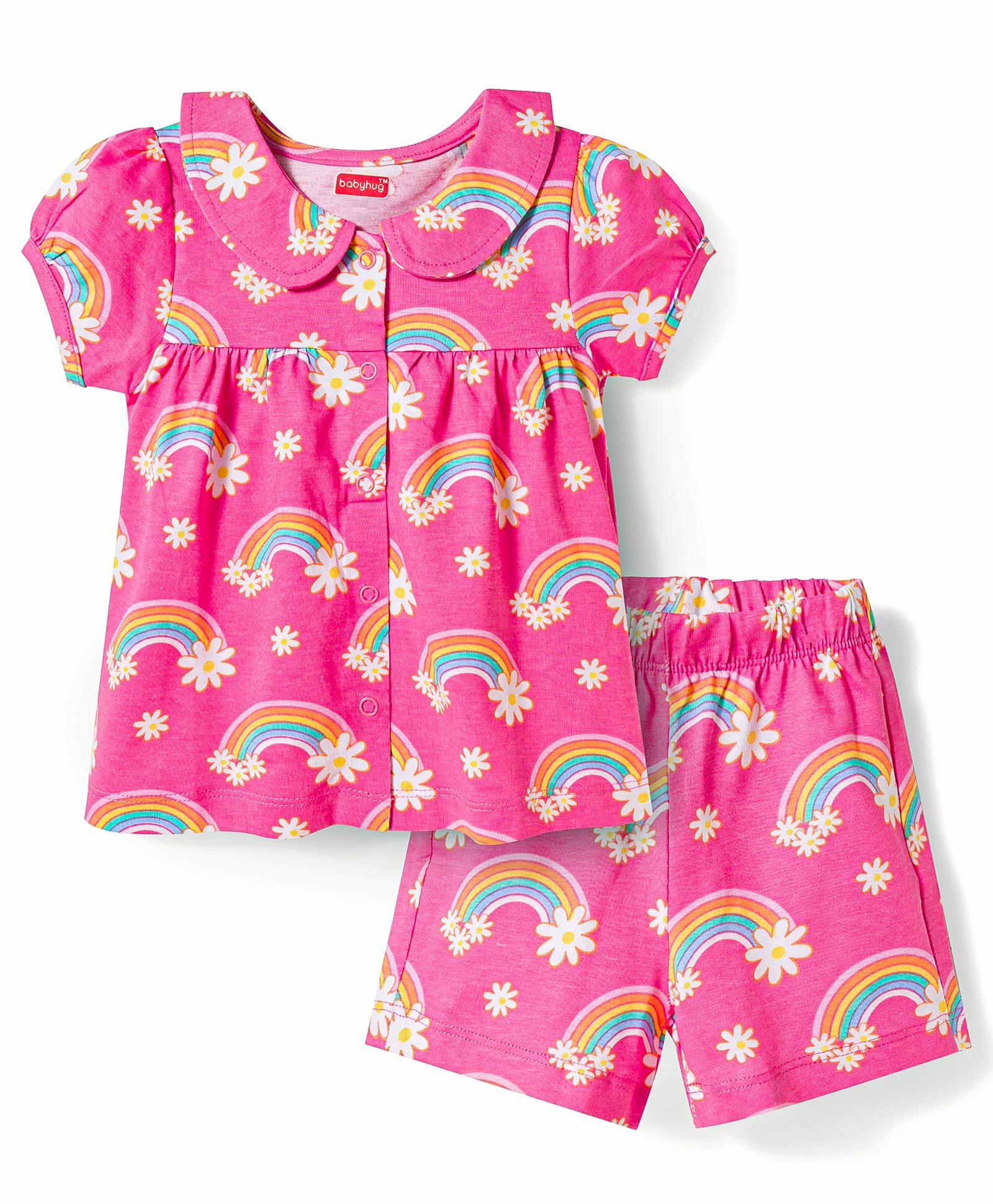 Babyhug Cotton Knit Half Sleeves Rainbow Printed Co-Ords Front Open Top & Shorts Night Suit - Pink-image-3