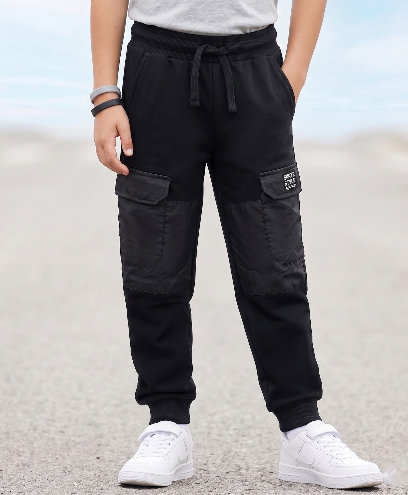Pine Kids Knit Full Length Lounge Pant With Cargo Pockets & Text Print - Black-picture-25