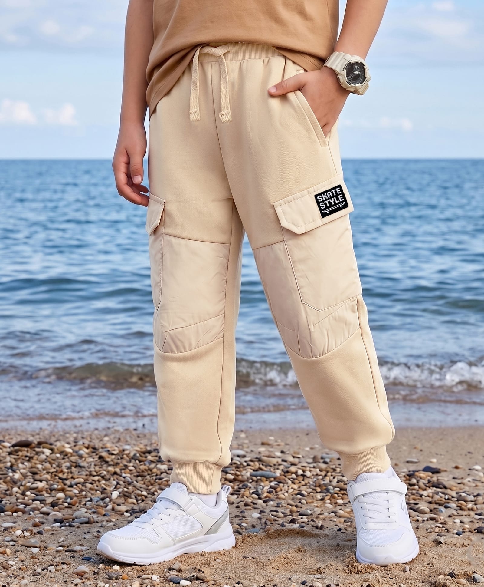 Pine Kids Knit Full Length Lounge Pant With Cargo Pockets & Text Print - Beige-picture-16
