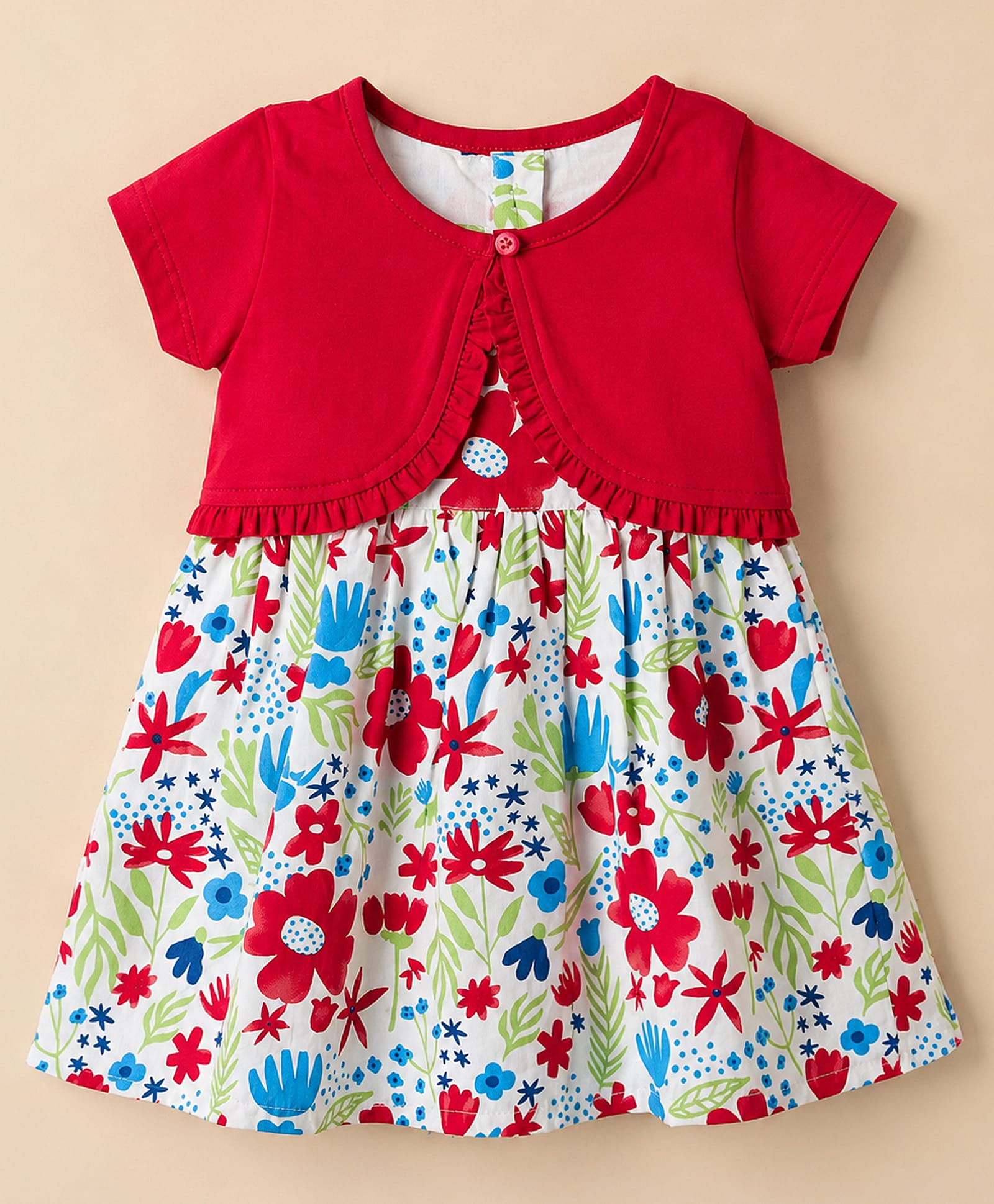 Babyhug Poplin Woven Half Sleeves Shrug With Floral Printed Frock - Red-image-48