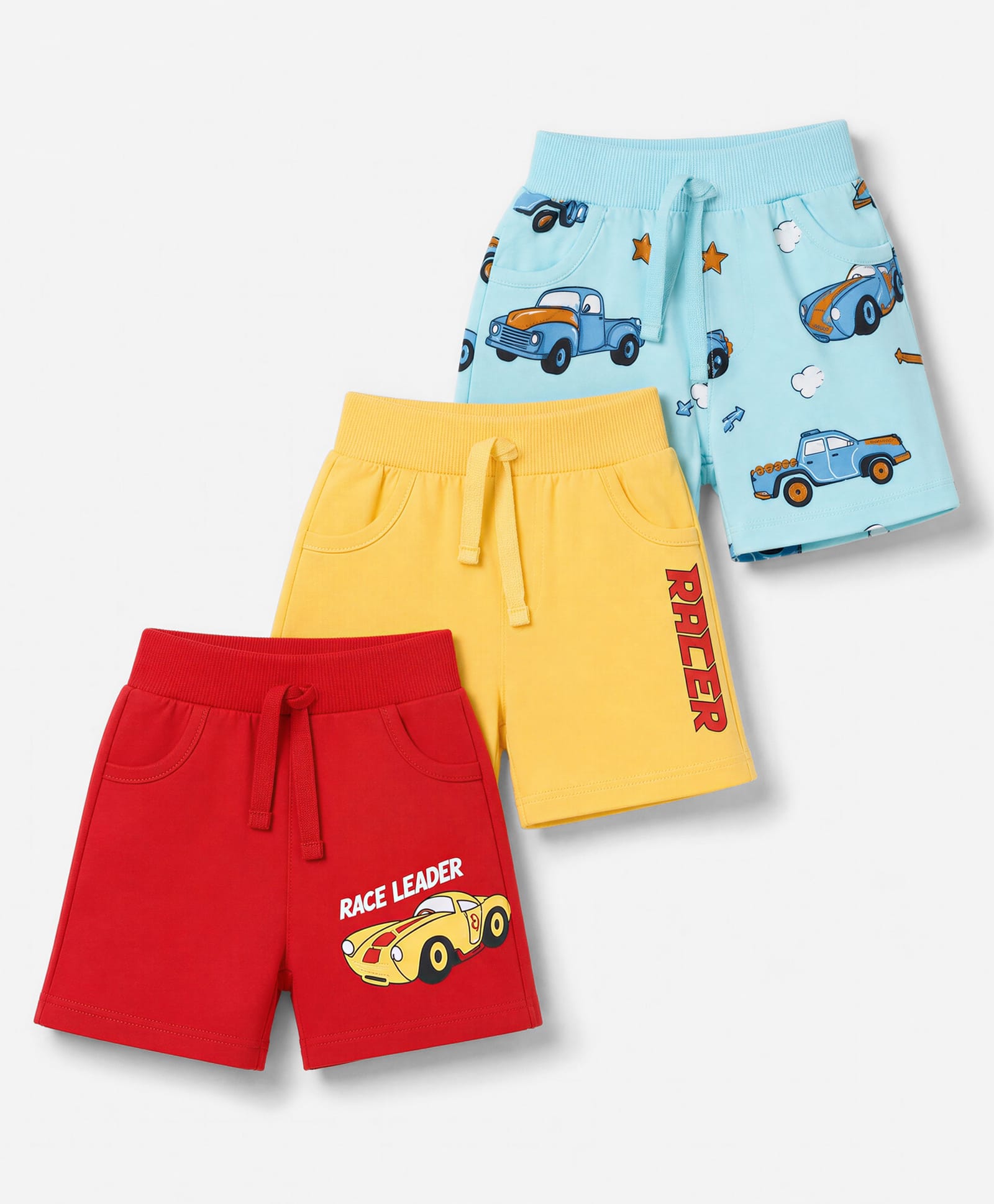 Doodle Poodle 100% Cotton Knit Knee Length Shorts with Cars Print Pack of 3 - Aqua Blue, Red & Yellow-picture-24
