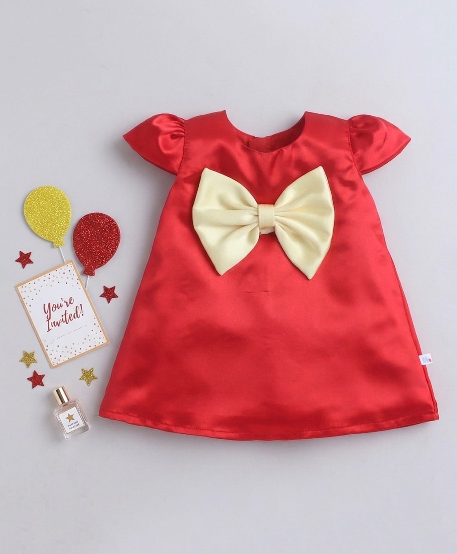 Many frocks & Satin Woven Cap Sleeves Bow Applique Detailed Dress - Red-image-36