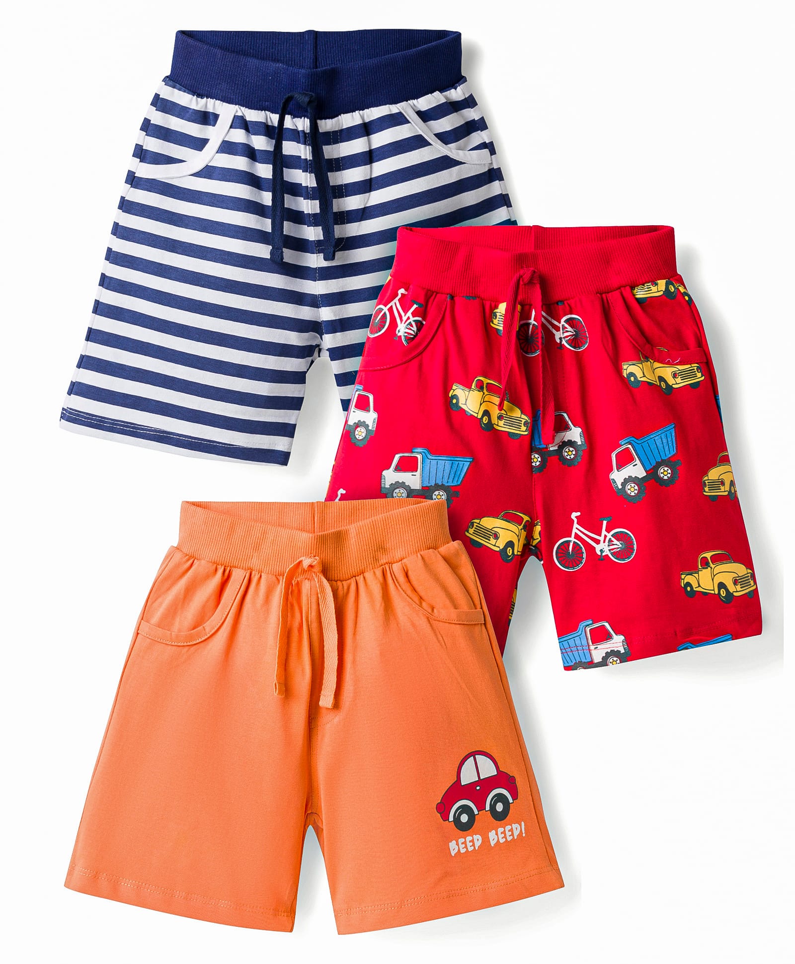 Doodle Poodle 100% Cotton Knit Knee Length Striped & Vehicles Printed Shorts Pack Of 3 - Red Orange & Navy Blue-picture-28
