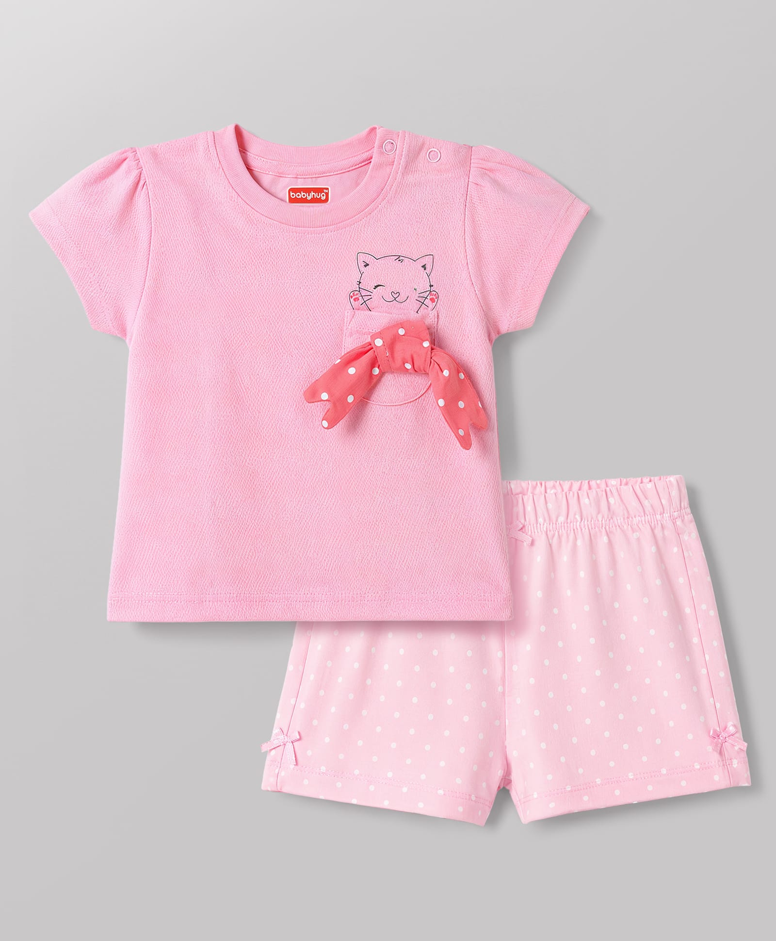 Babyhug Cotton Knit Half Sleeves Kitty Printed T-Shirt & Shorts Night Suit With Bow Applique - Pink-image-30