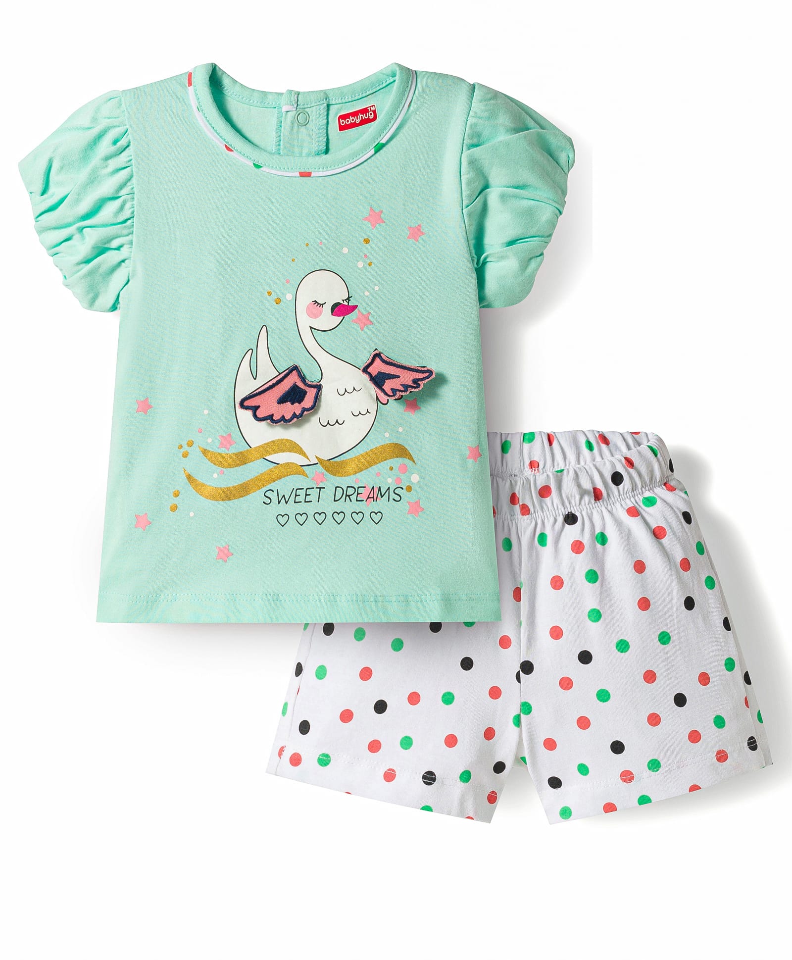 Babyhug Cotton Knit Half Sleeves Polka Dots Printed & Bird Applique T-Shirt & Shorts Night Suit - Mint-image-31