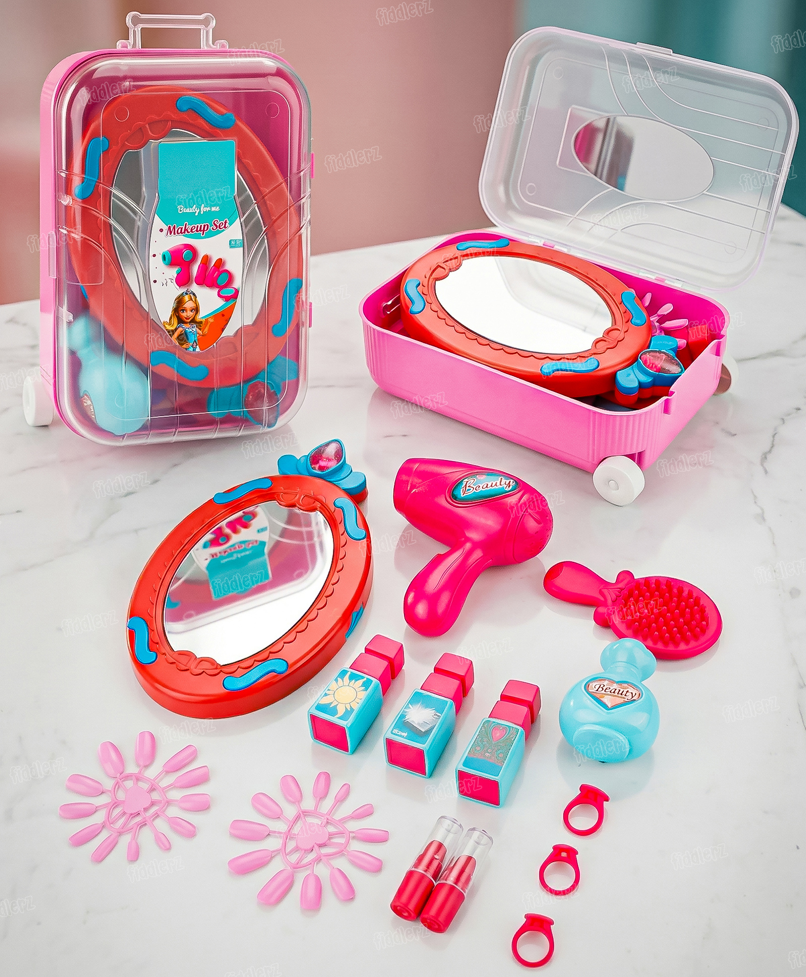 Fiddlerz Kids Makeup Kit for Girls Cosmetic Beauty Set Suitcase Portable Trolley Pretend Play Toy with Makeup Accessories for Kids (Pink) 15 Pieces-image-3