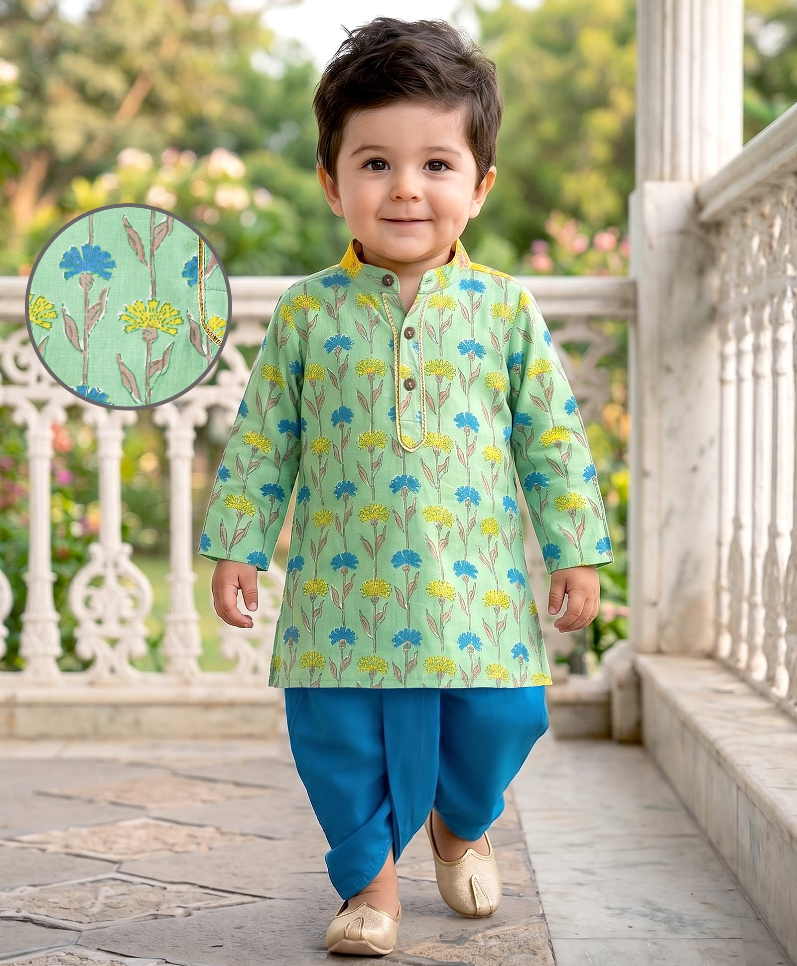EARTHY TOUCH Cotton Woven Full Sleeves Floral Printed Kurta & Dhoti Set - Light Green-image-49