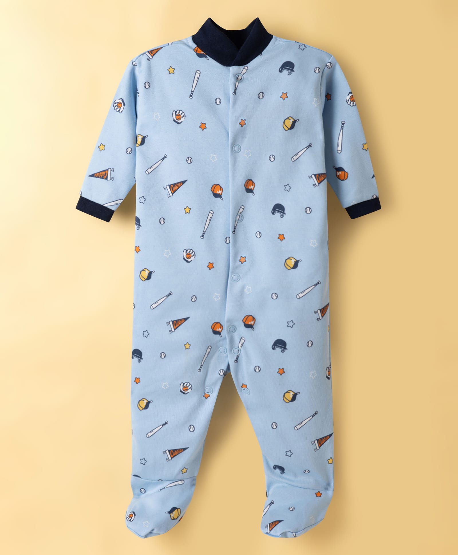 Kidi Wav Full Sleeves Baseball Theme Printed Footed Sleepsuit - Blue-image-20
