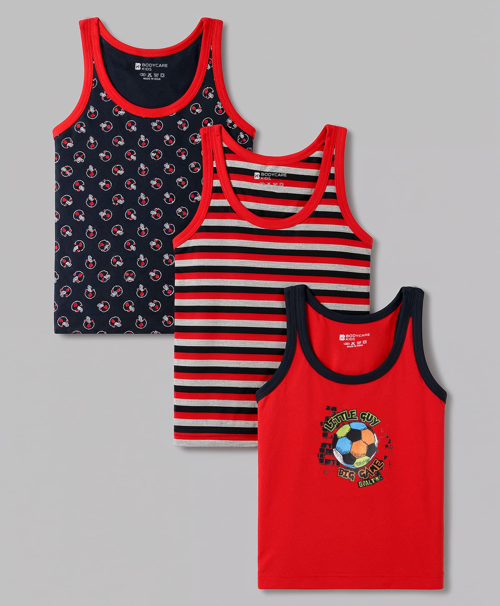 Bodycare Cotton Knit Sleeveless Striped & Sports Theme Printed Vests Pack Of 3 - Multicolor-picture-24