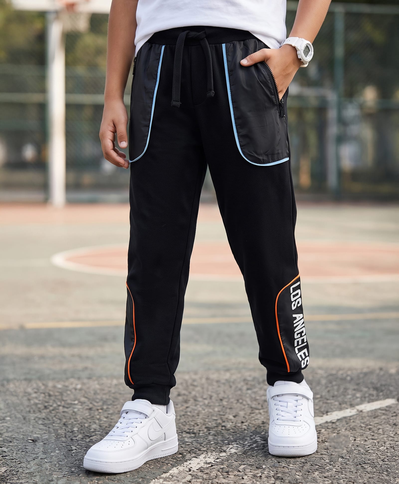 Pine Kids Looper Knit Full Length Lounge Pant with Cut & Sew Design & Text Print- Black-image-40