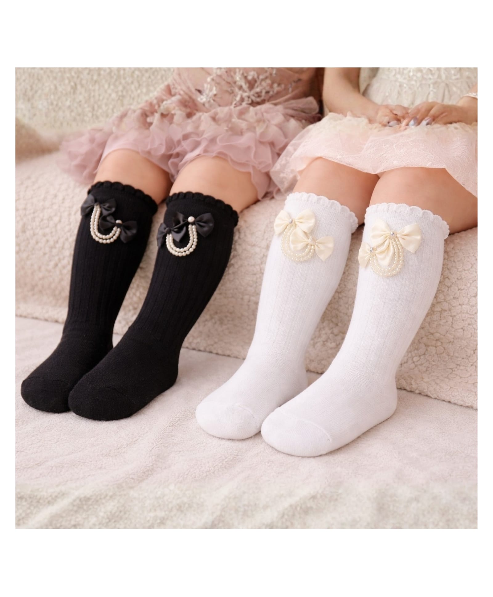 The little lookers Cotton Knit Pack Of 2 Bow Applique Detailed Pearls Embellished Socks - Black & White-image-39