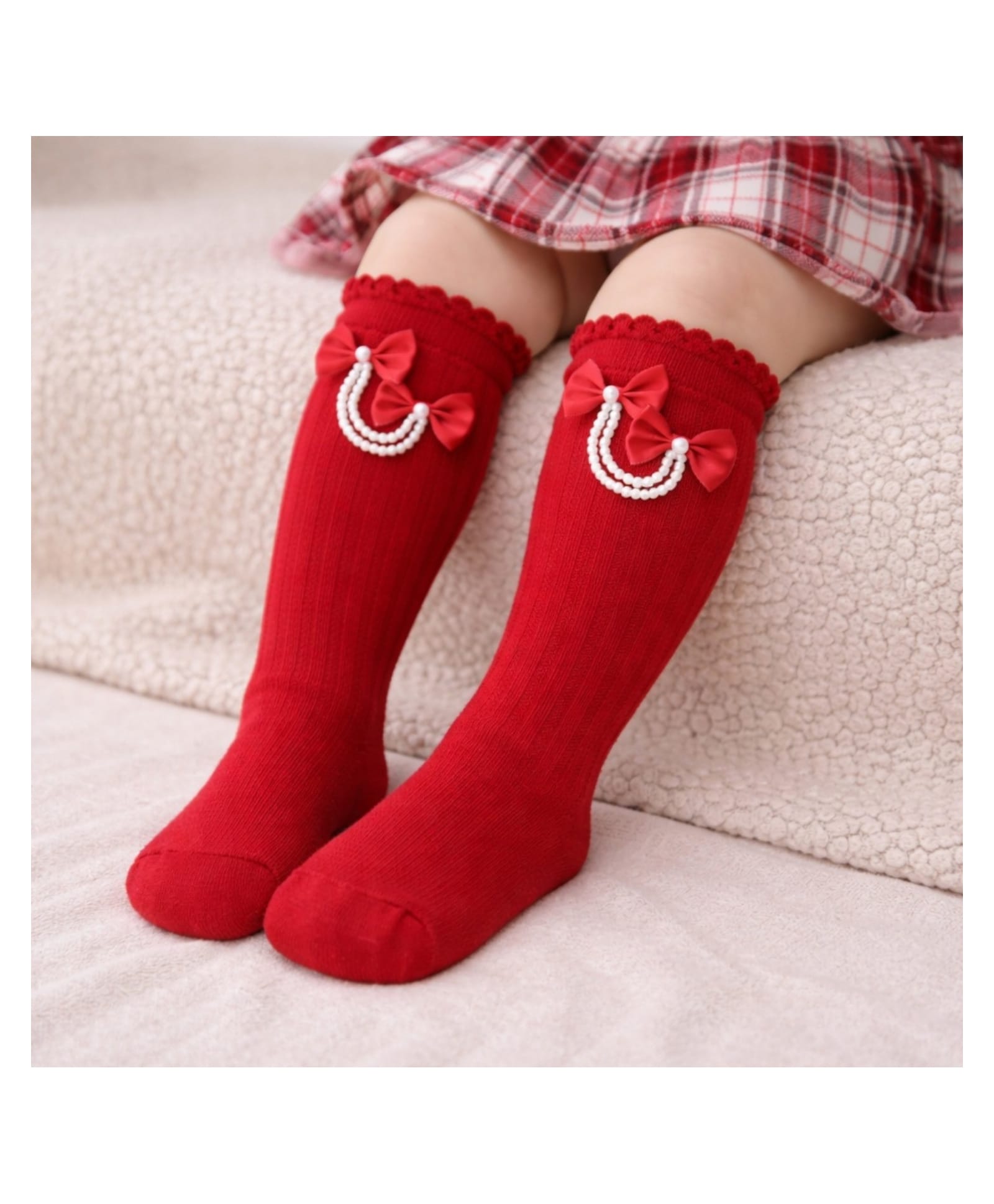 The little lookers Cotton Knit Bow Applique Detailed Pearls Embellished Socks - Red-picture-25