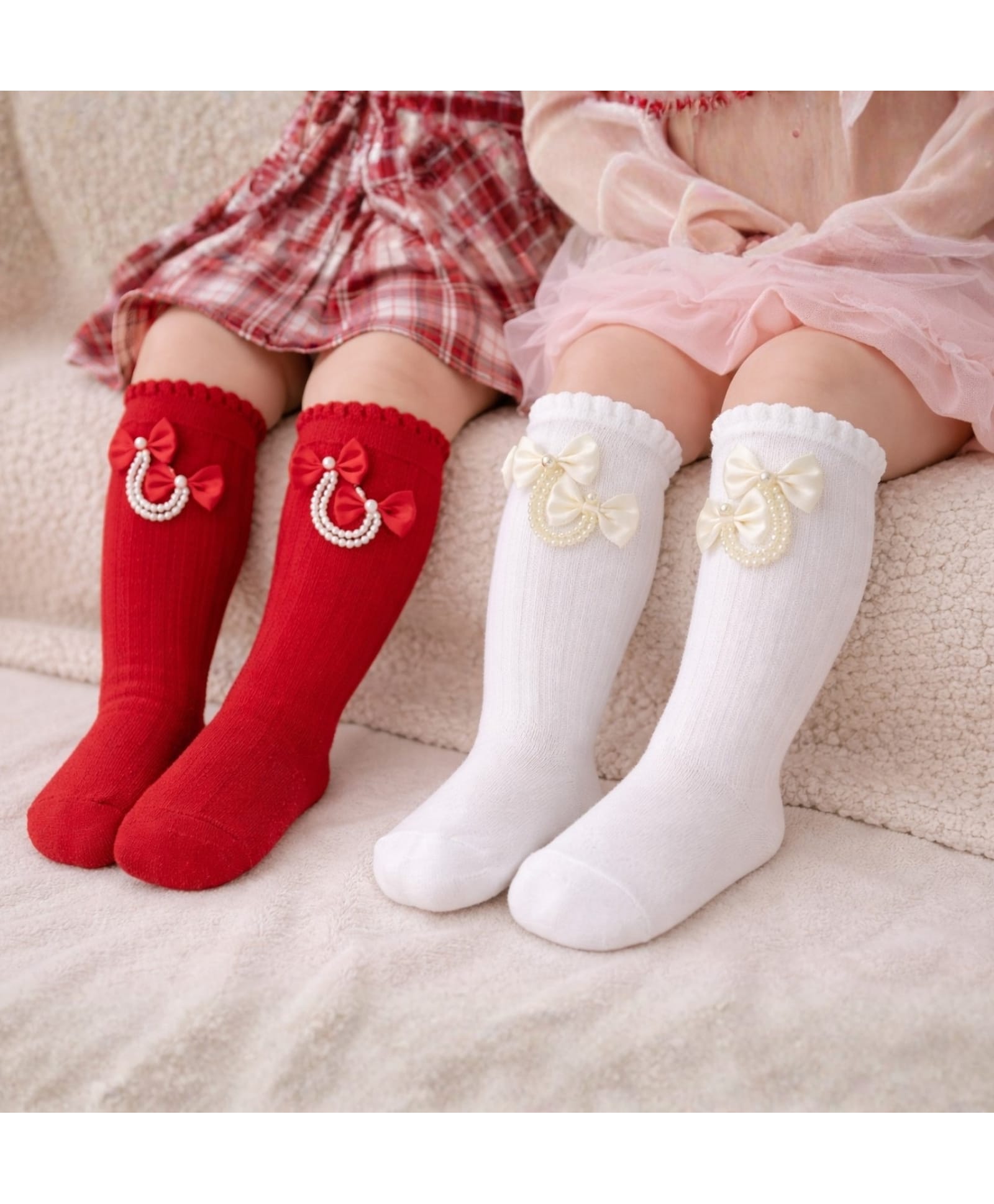 The little lookers Cotton Knit Pack Of 2 Bow Applique Detailed Pearls Embellished Socks - Red & White-picture-23