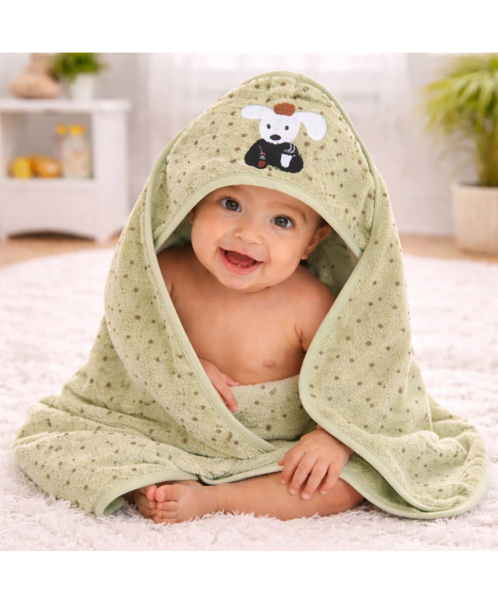 The little lookers Microfiber Knit Printed Baby Hooded Towel - Green-image-19