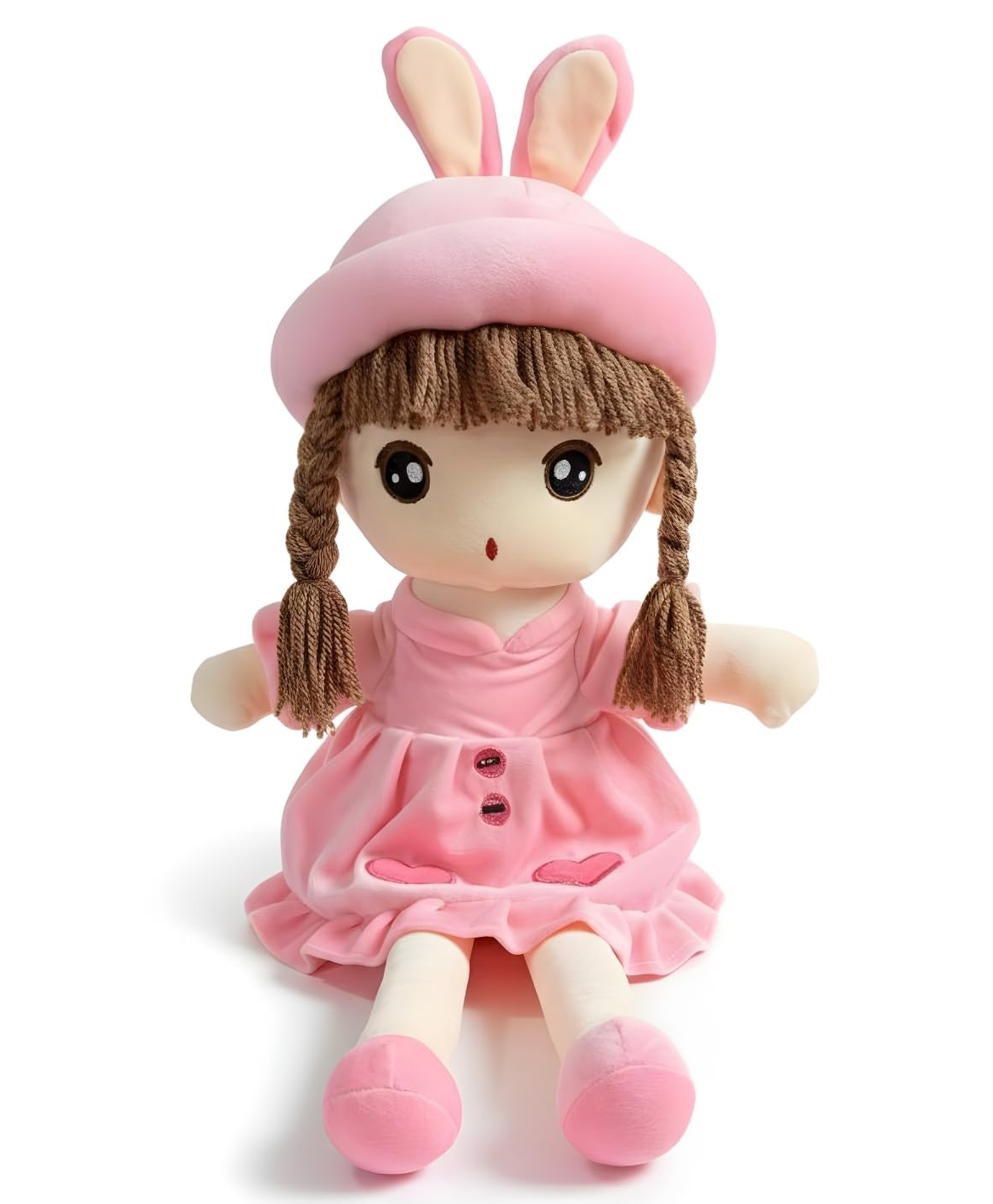 ELITE CREATIONS 60 CM Cute Plush Doll with Bunny Hat for Kids Soft Stuffed Doll Toy Pink Dress Braided Hair Huggable Soft Toy for Girls and Babies-image-3