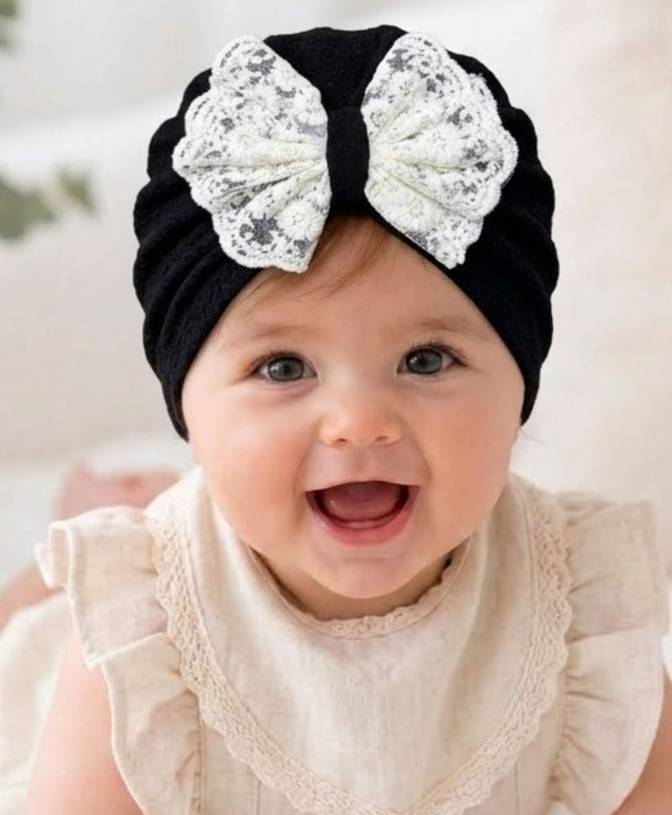 The little lookers Cotton Knit Bow Applique Detailed Turban Caps - Black - Circumference 32 Cm-picture-27