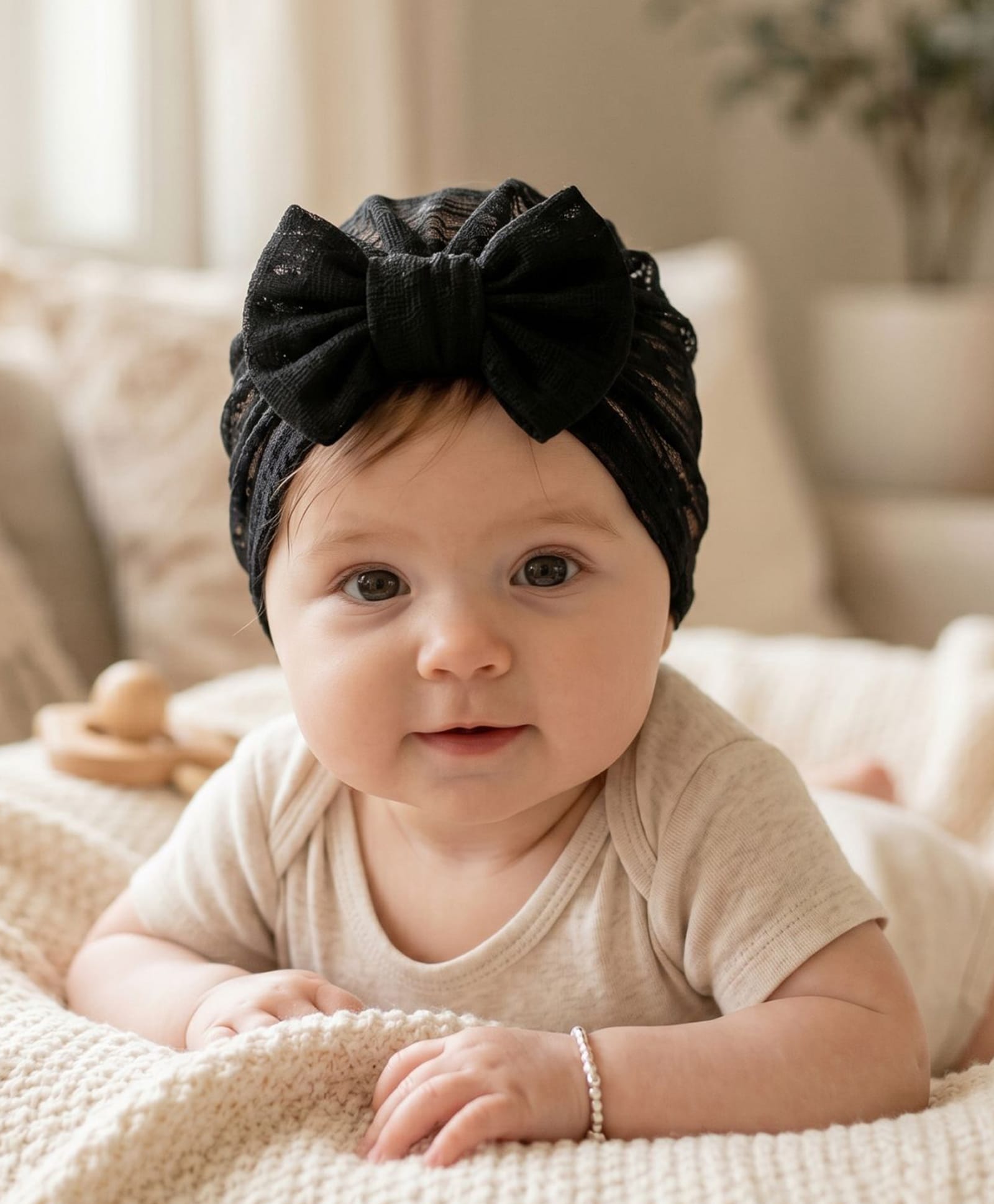 The little lookers Knit Lace Embellished Turban Cap - Black - Circumference - 32 Cms-image-36