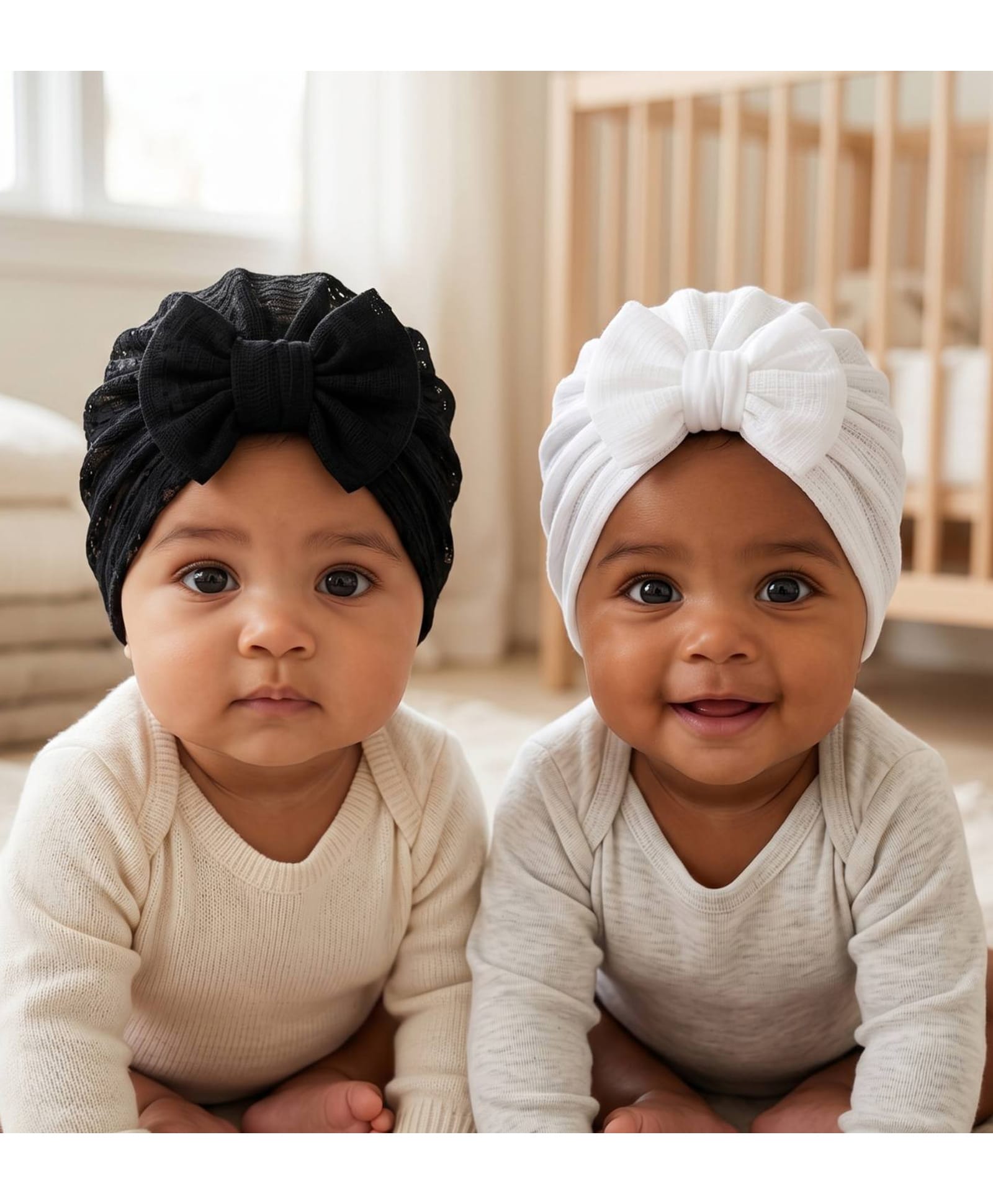 The little lookers Knit Pack Of 2 Bow Applique Detailed Turban Caps - Black & White - Circumference 32 Cms-picture-13
