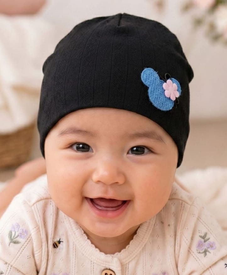 The little lookers Cotton Knit Floral Applique Detailed Cap - Black - Circumference - 38 Cm-picture-11