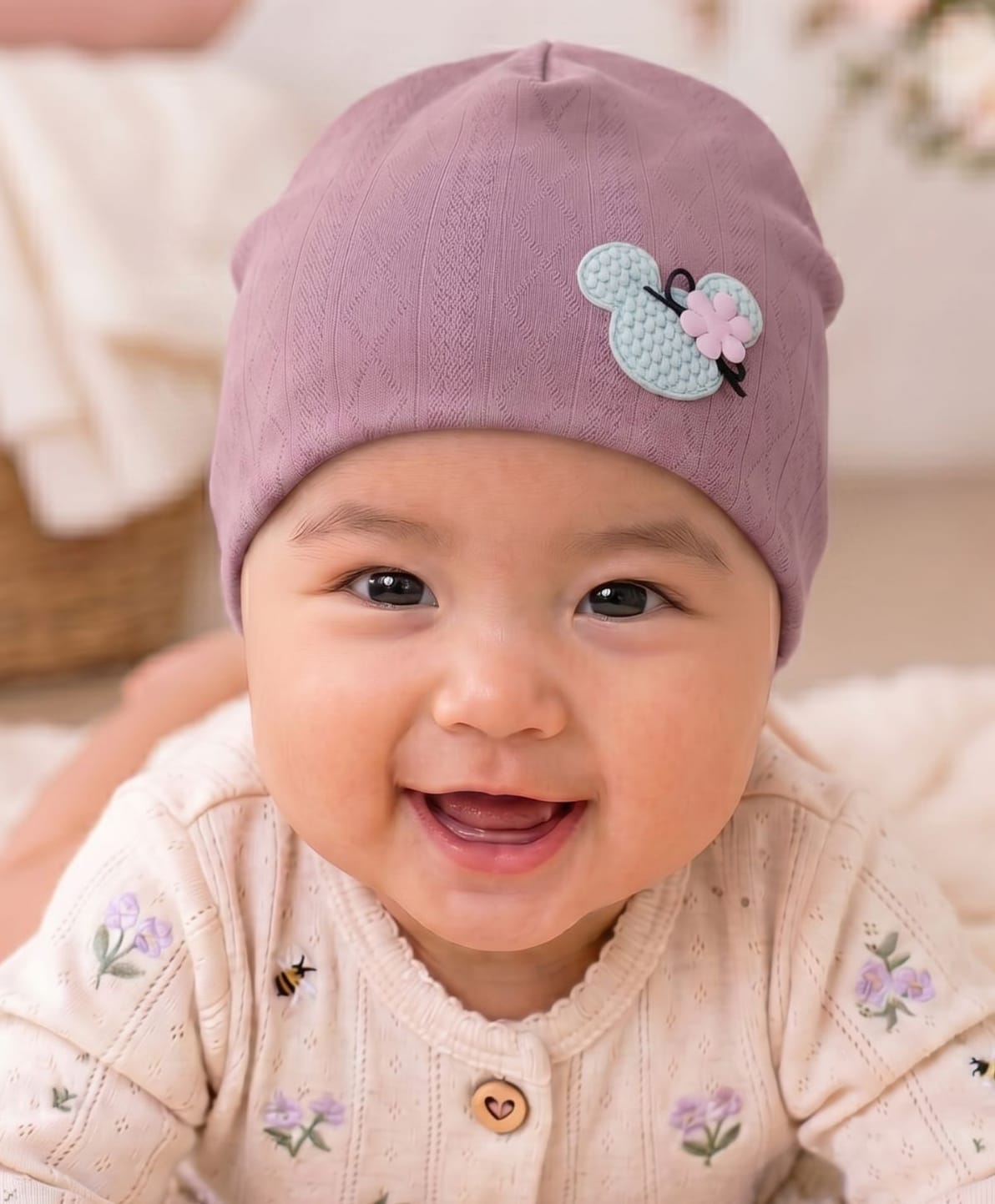 Cotton Knit Floral Applique Detailed Turban Cap - Purple - Circumference - 38 Cms-image-37