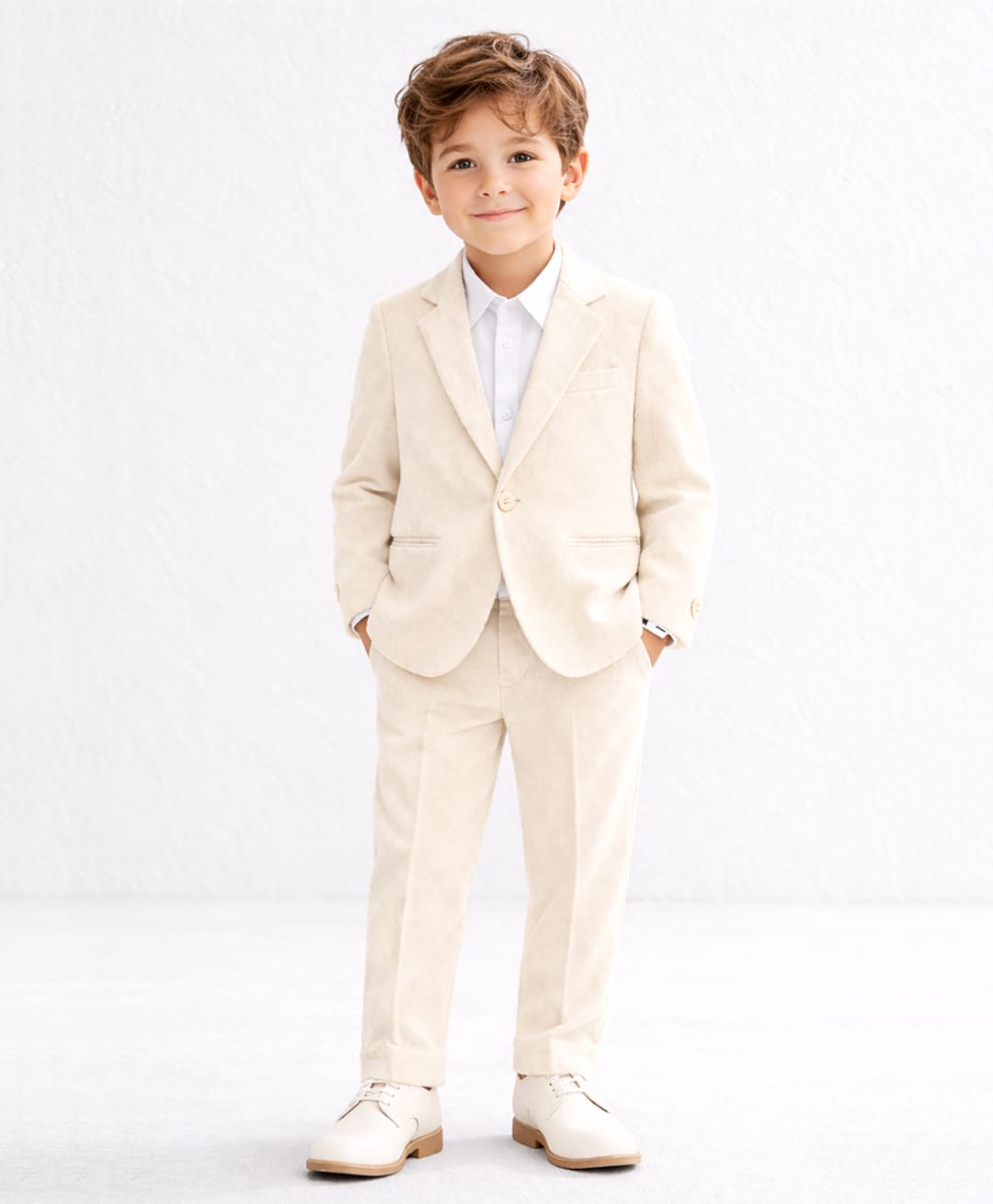 Spool Junior Velour Woven Full Sleeves Solid Blazer & Pant With Shirt Set - Cream-picture-18
