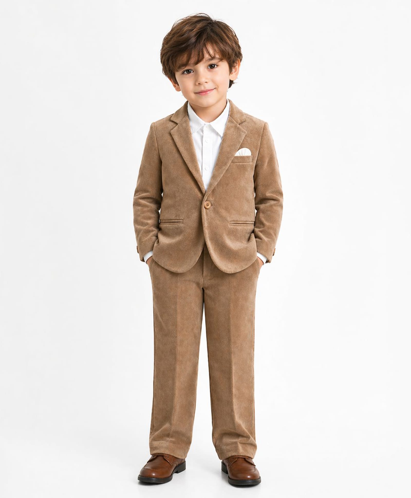 Spool Junior Velour Woven Full Sleeves Solid Blazer & Pant With Shirt Set - Brown-image-42