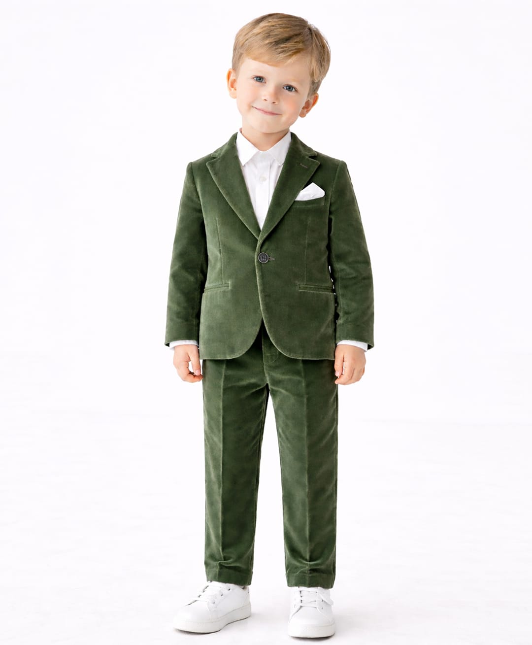 Spool Junior Velour Woven Full Sleeves Solid Blazer & Pant With Shirt Set - Green-image-43
