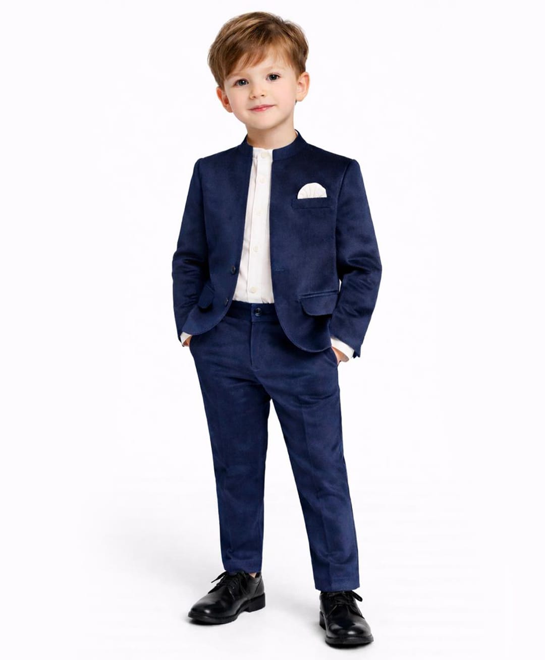 Spool Junior Velvet Woven Full Sleeves Solid Blazer & Pants Set WIth Shirt - Navy Blue-picture-19