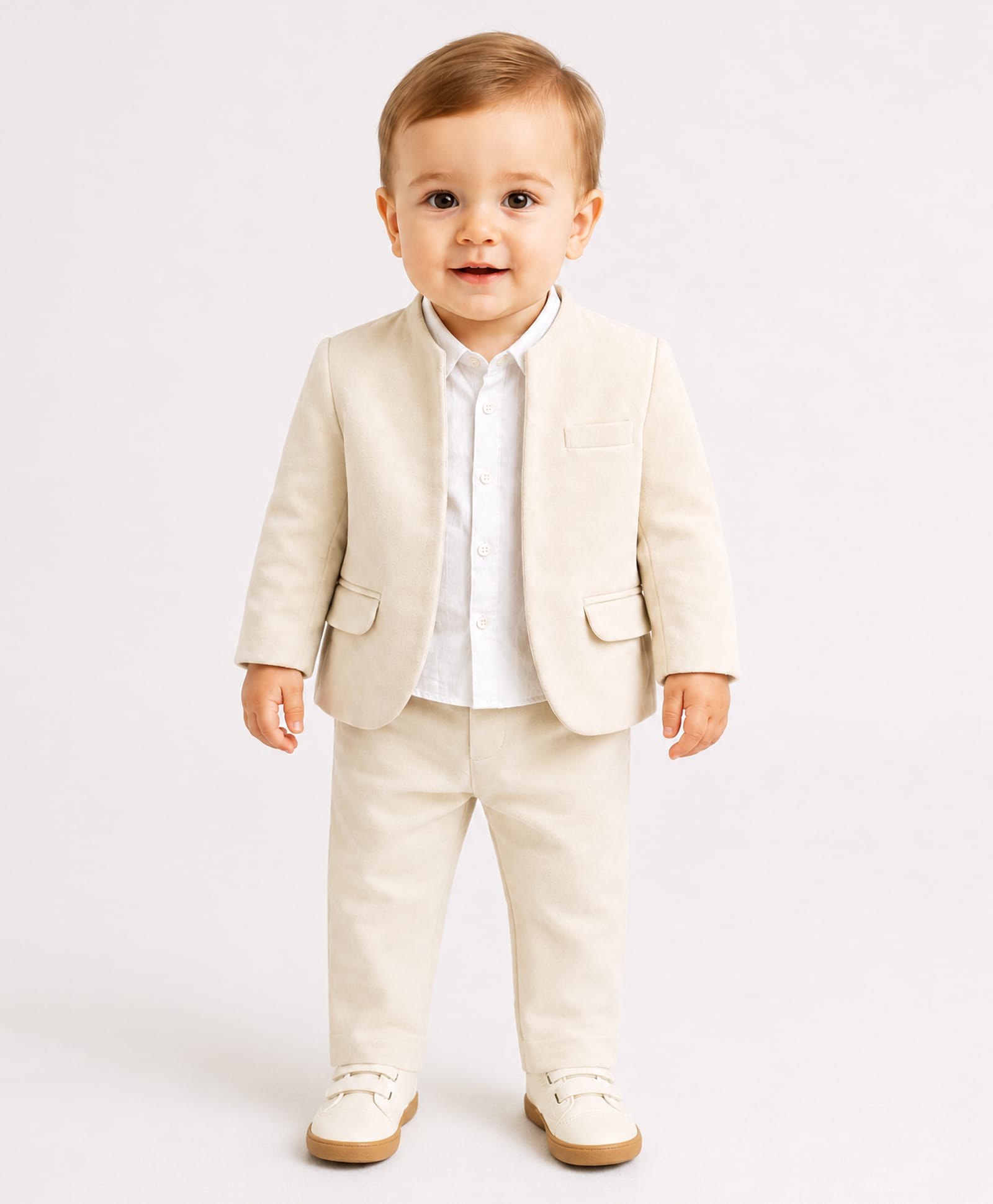 Spool Junior Velvet Woven Full Sleeves Solid Blazer & Pants Set With Shirt - Cream-picture-11