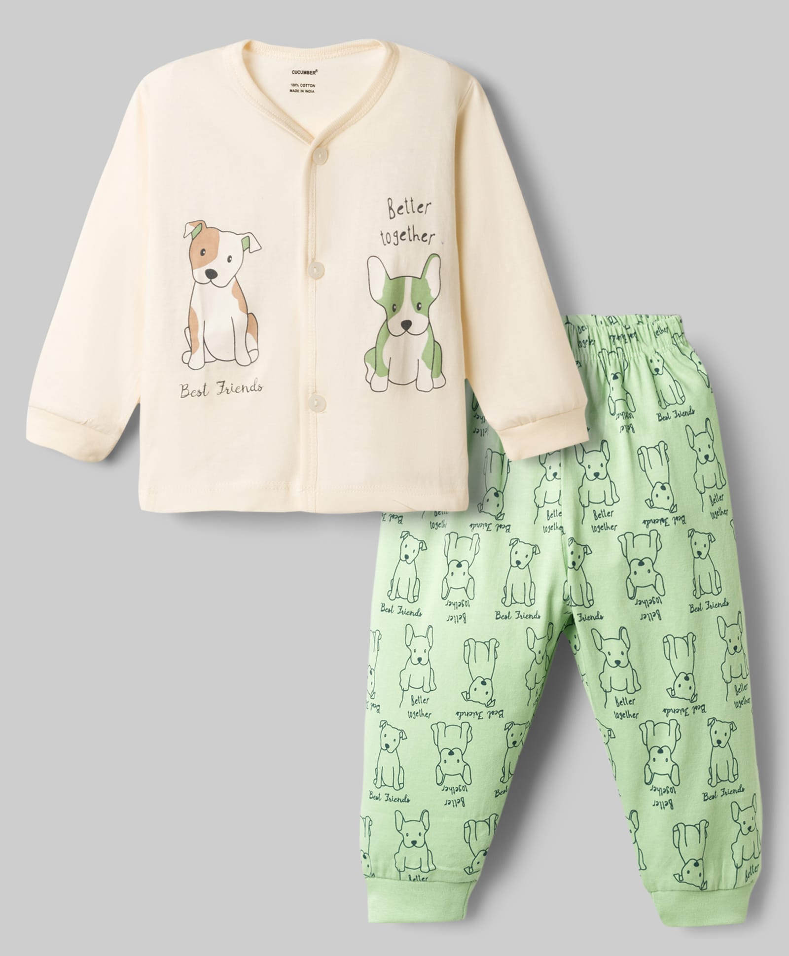 CUCUMBER Sinker Knit Full Sleeves T-Shirt & Pyjama Night Suit Puppy Print - Cream-picture-44