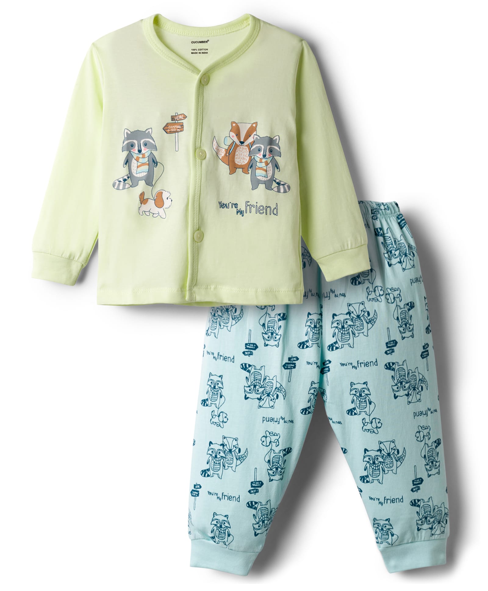 CUCUMBER Sinker Knit Full Sleeves T-Shirt & Pyjama Night Suit with Koala Print - Light Green & Sky-image-7