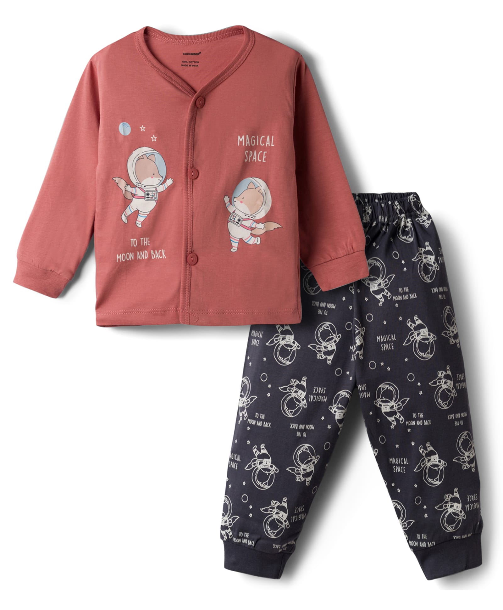 CUCUMBER Sinker Knit Full Sleeves T-Shirt & Pyjama Night Suit with Bear Astronaut Print - Rust & Black-image-3