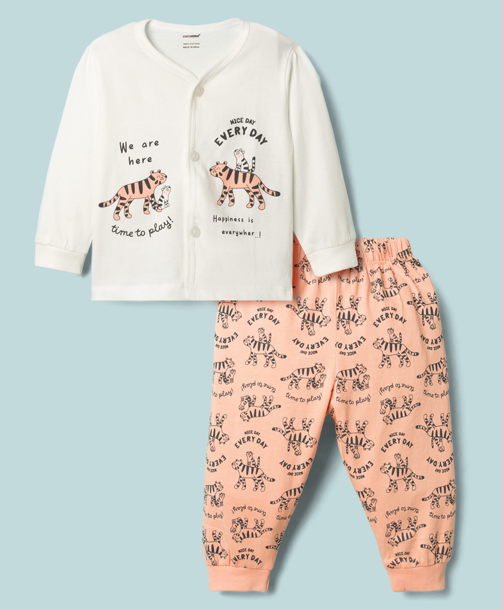 CUCUMBER Sinker Knit Full Sleeves T-Shirt & Pyjama Night Suit Tiger Print - White-image-18