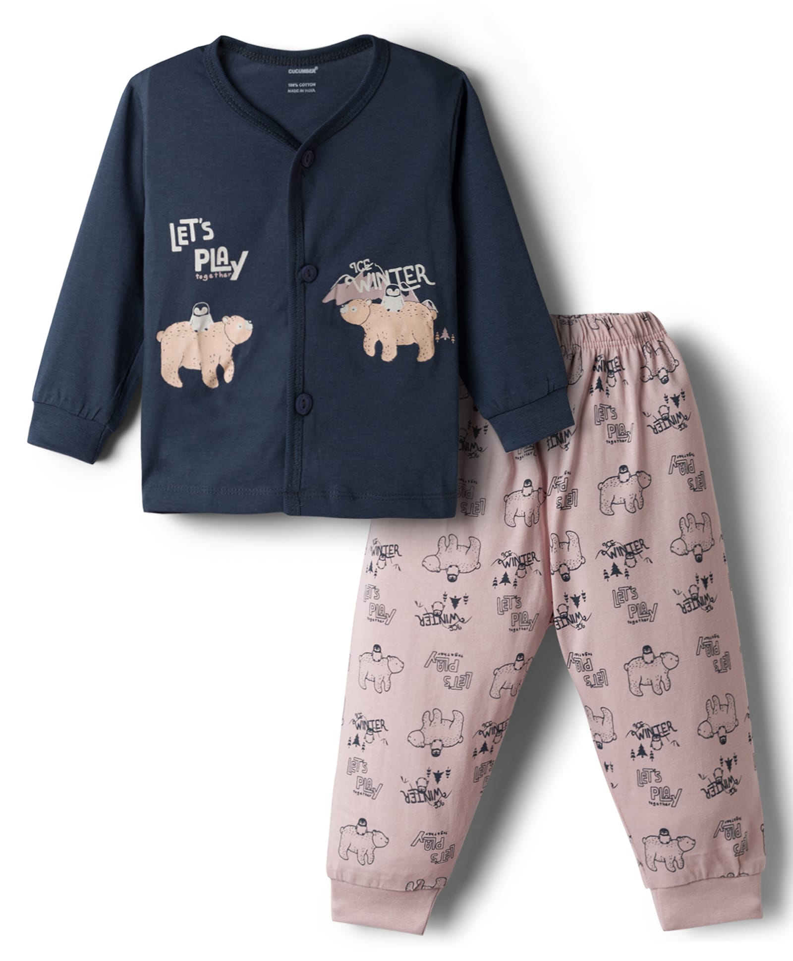 CUCUMBER Sinker Knit Full Sleeves T-Shirt & Pyjama Night Suit with Polar Bear Print -Navy-picture-41