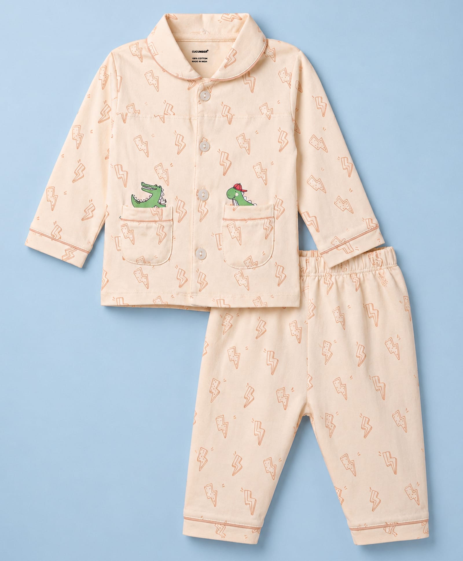 CUCUMBER Sinker Knit Full Sleeves Crocodile & Dino Printed Co-Ords Shirt & Pyjama Night Suit - Peach-image-5