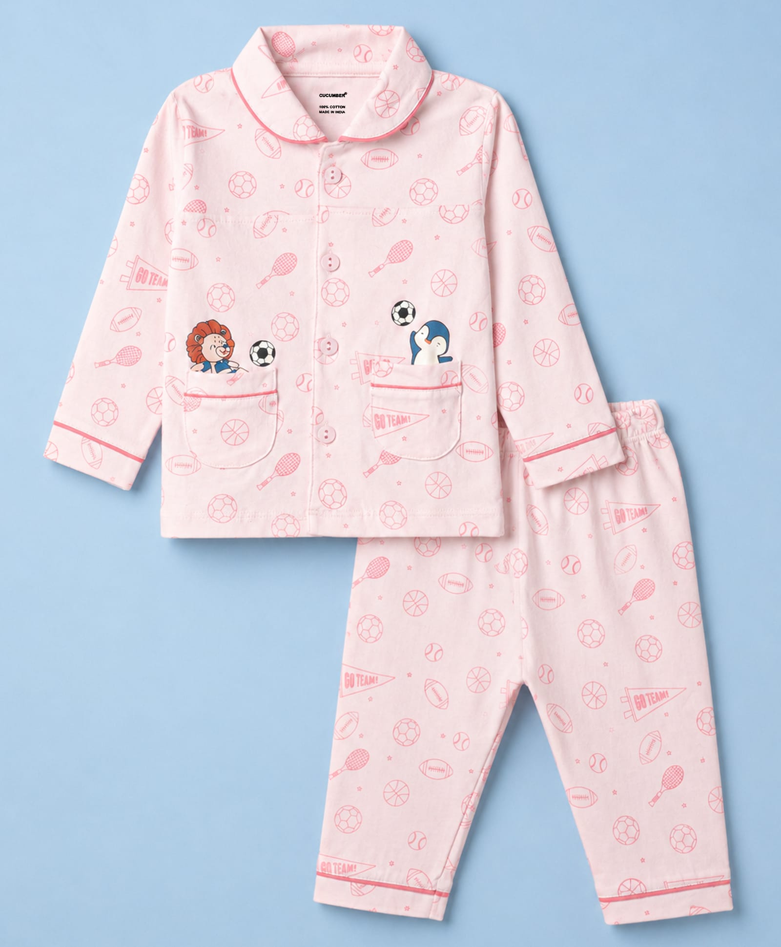CUCUMBER Sinker Knit Full Sleeves Penguin & Sports Theme Printed Co-Ords Shirt & Pyjama Night Suit - Baby Pink-picture-12