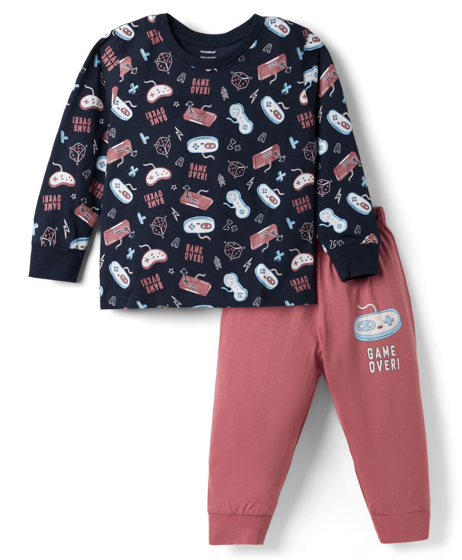 CUCUMBER Sinker Knit Full Sleeves T-Shirt & Pajama Night Suit with Gamepad Print - Back-image-45