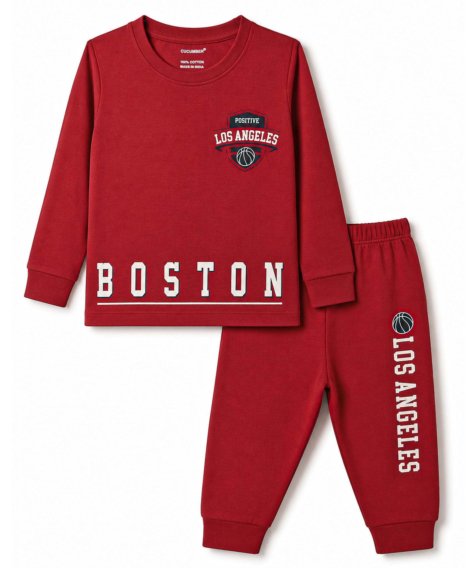 CUCUMBER Sinker Knit Full Sleeves T-Shirt & Joggers Set With Text Print - Dark Red-image-19