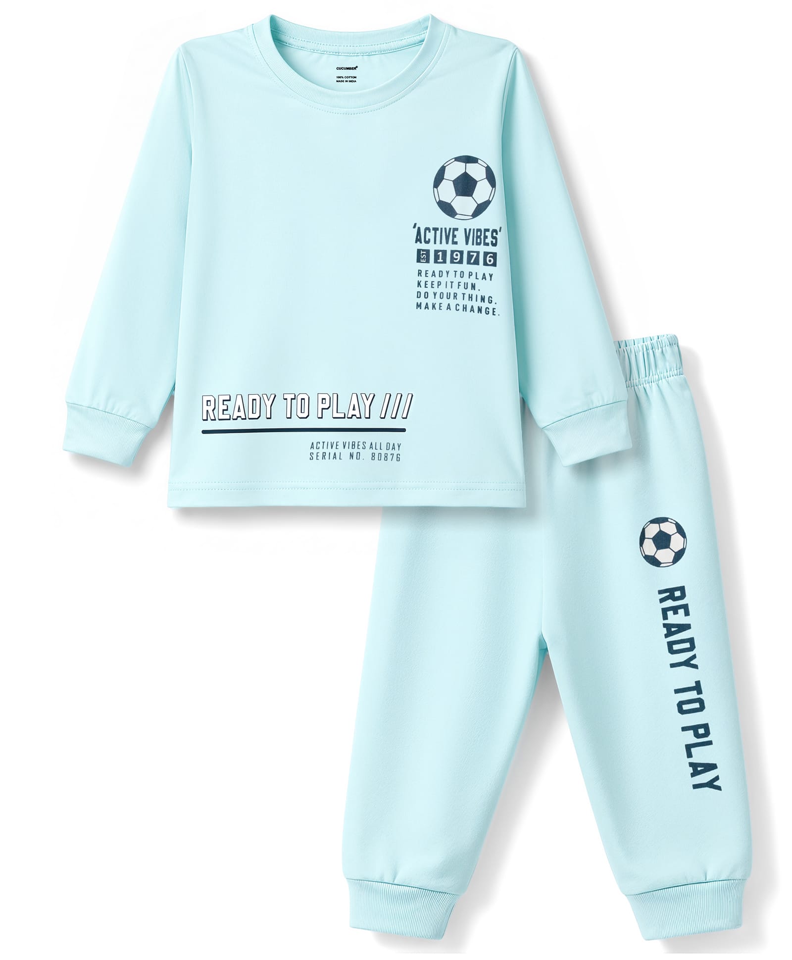 CUCUMBER Sinker Knit Full Sleeves T-Shirt & Joggers Set With Text Print - Aqua Blue-picture-48