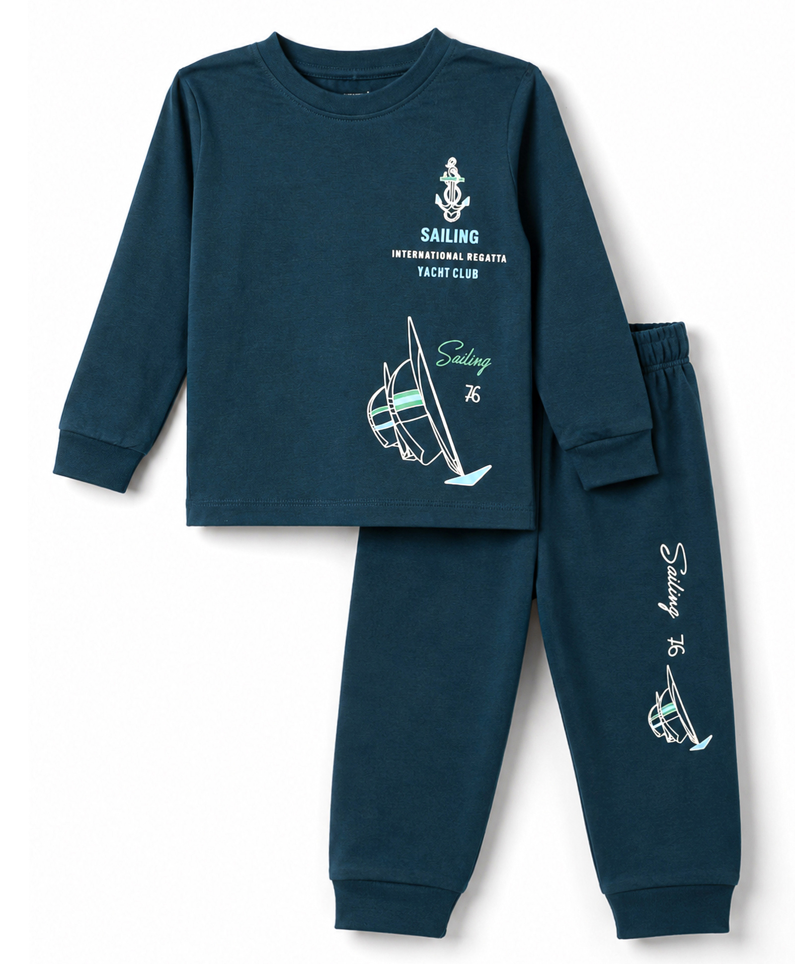 CUCUMBER Sinker Knit Full Sleeves T-Shirt & Joggers Set With Nautical Print - Navy Blue-image-47