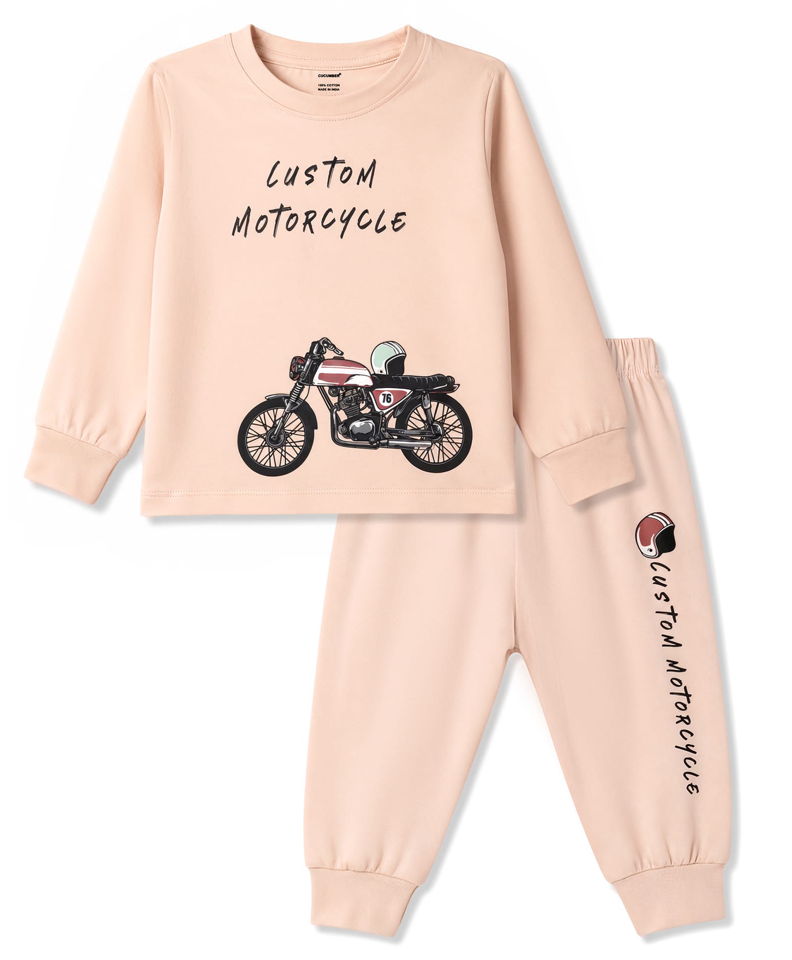 CUCUMBER Sinker Knit Full Sleeves T-Shirt & Joggers Set With Bike Print - Peach-picture-24