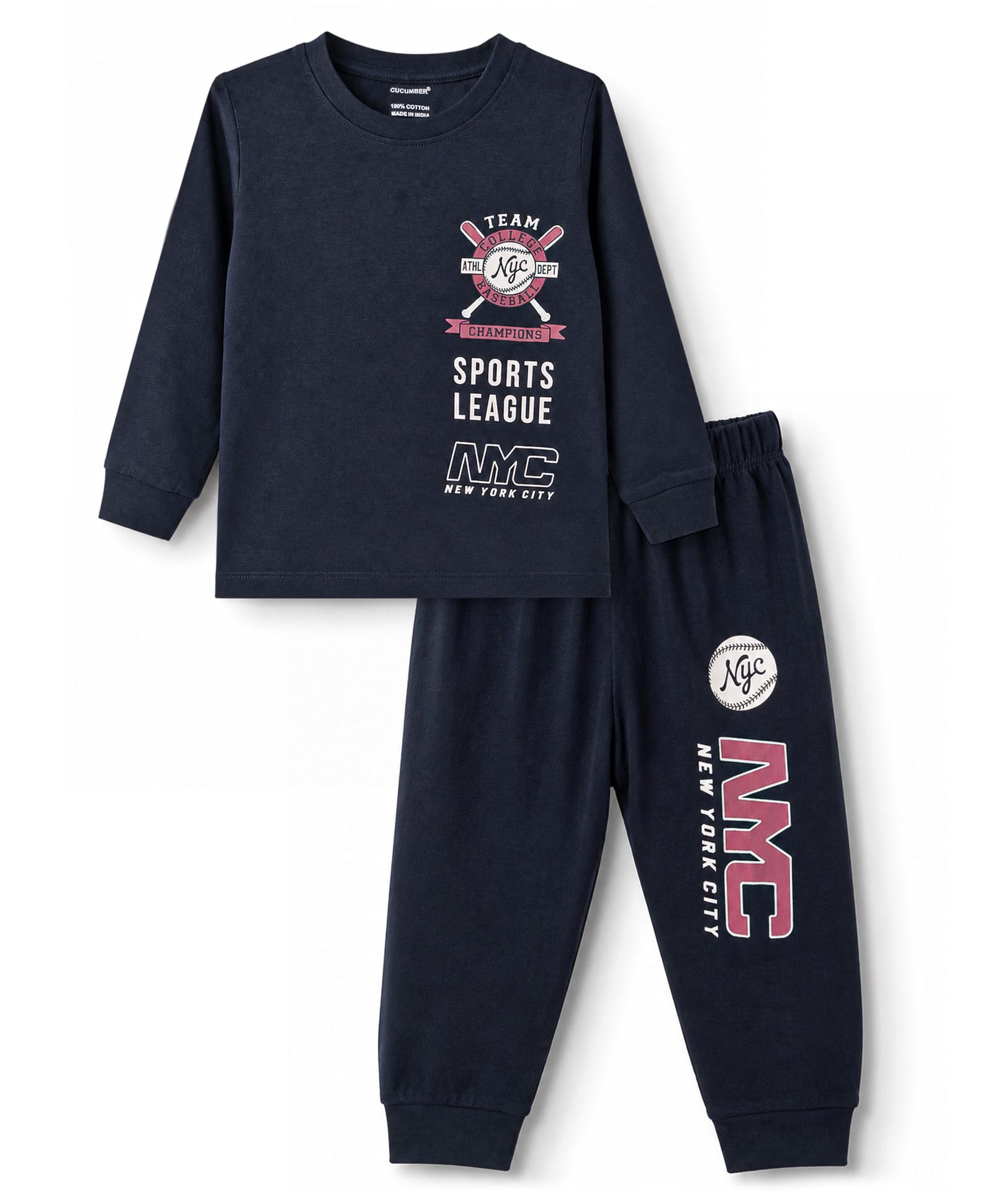 CUCUMBER Sinker Knit Full Sleeves T-Shirt & Joggers Set With Text Print - Navy Blue-picture-32