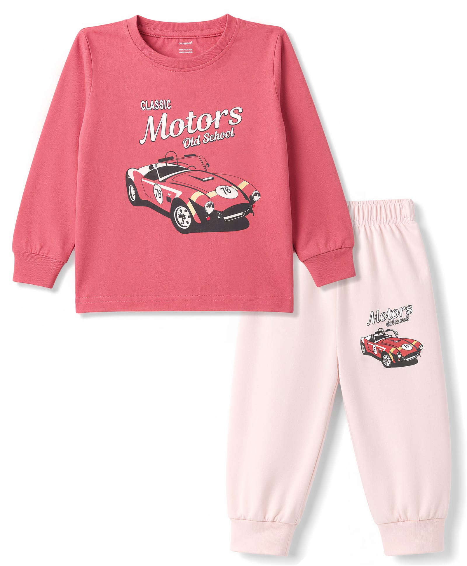 CUCUMBER Sinker Knit Full Sleeves T-Shirt & Jogger Set With Car Print - Pink-picture-11
