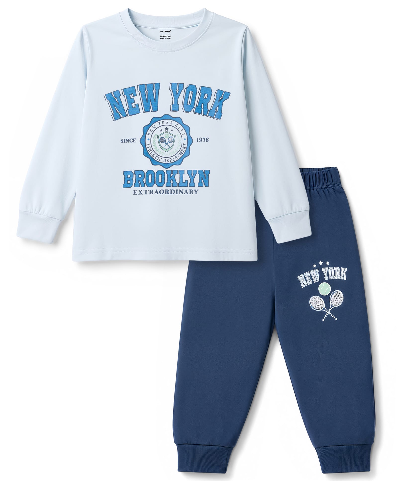 CUCUMBER Sinker Knit Full Sleeves T-Shirt & Joggers Set With Text Print - Blue-picture-25