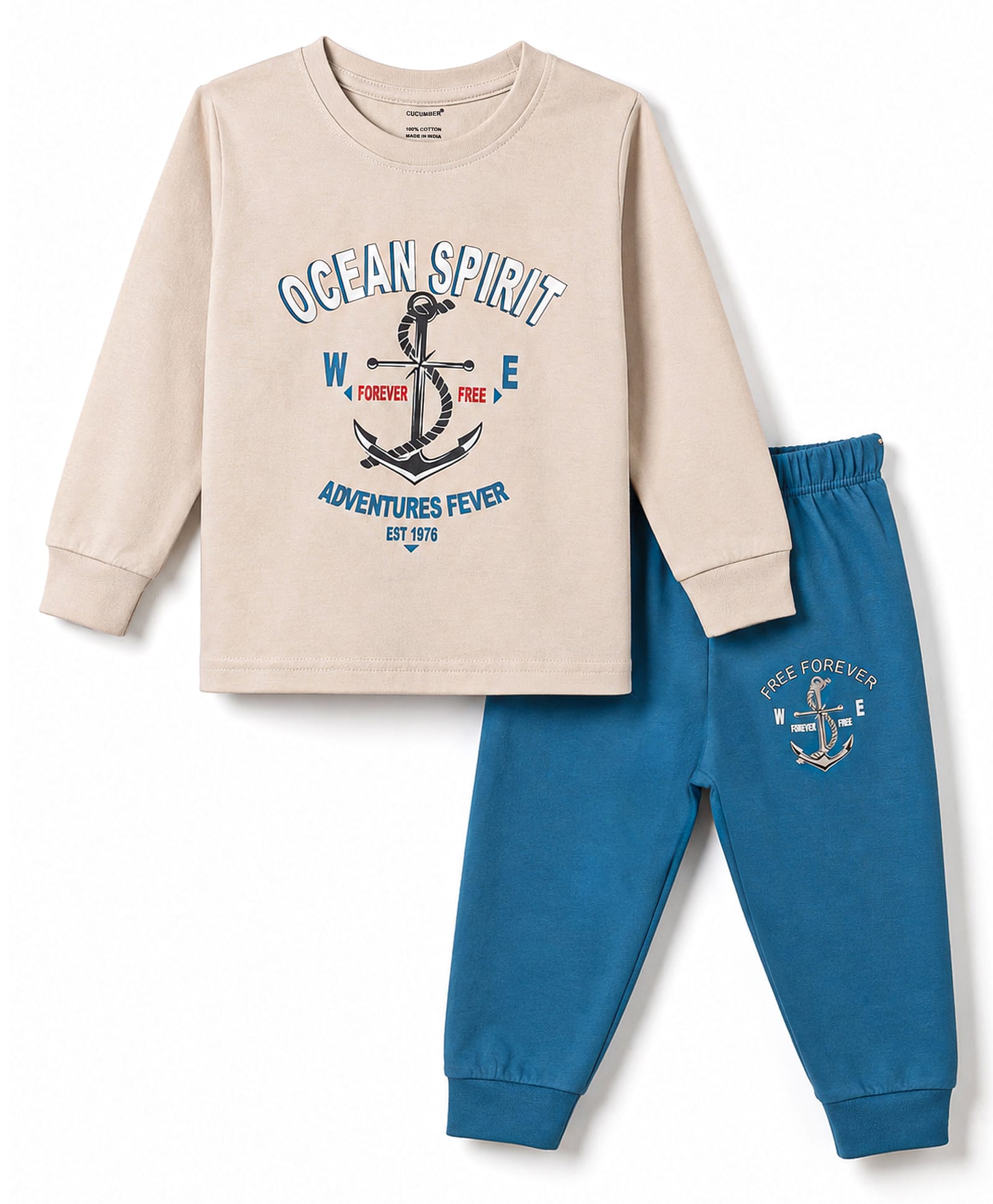 CUCUMBER Sinker Knit Full Sleeves T-Shirt & Joggers Set With Nautical Print - Light Grey-image-33