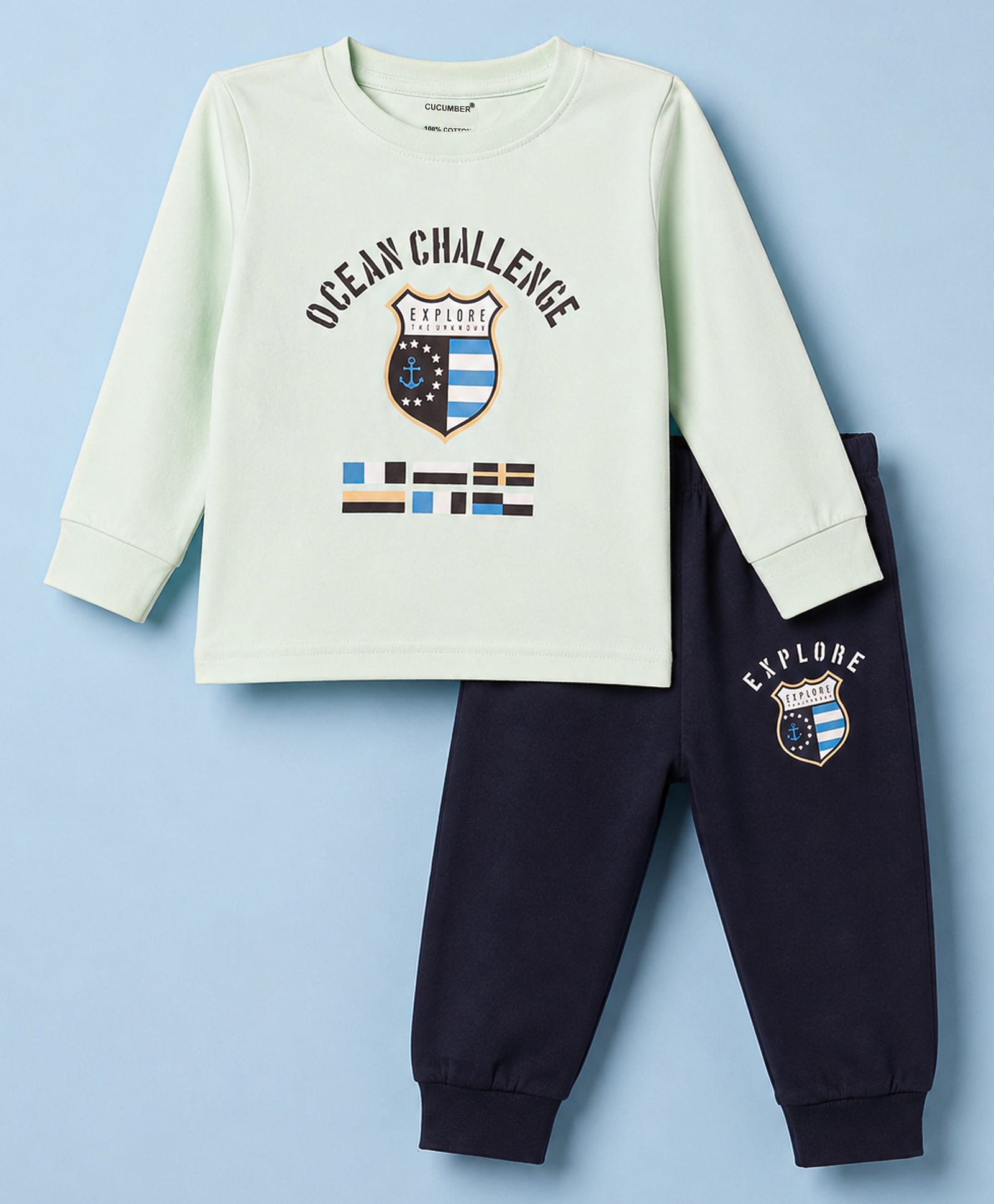 CUCUMBER Sinker Knit Full Sleeves T-Shirt & Joggers Set With Text Print - Navy Blue-picture-23